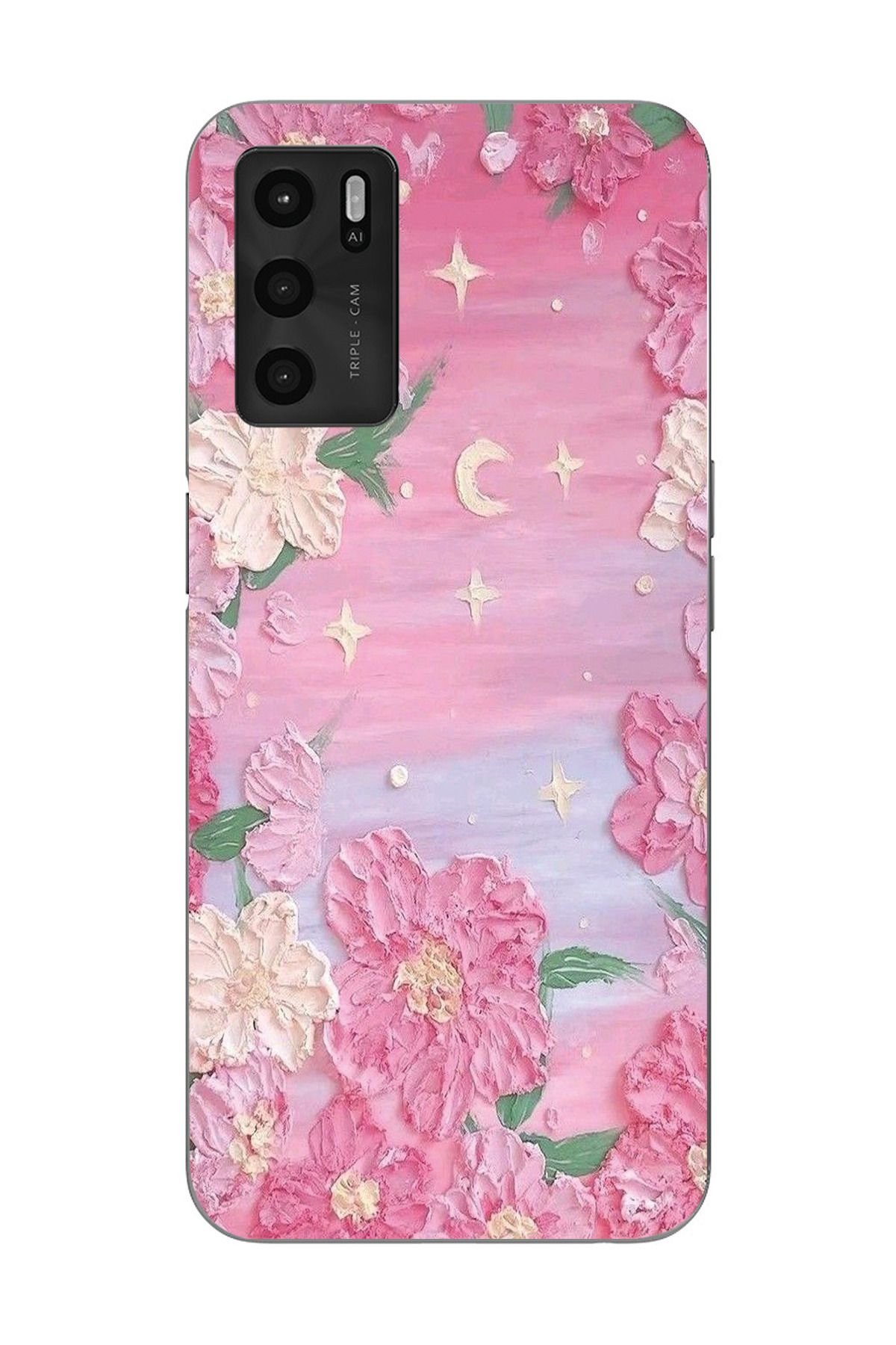 moonset Oppo A16 / A55 Uyumlu Pastel Çiçekler Tasarımlı Baskılı Şeffaf Telefon Kılıfı