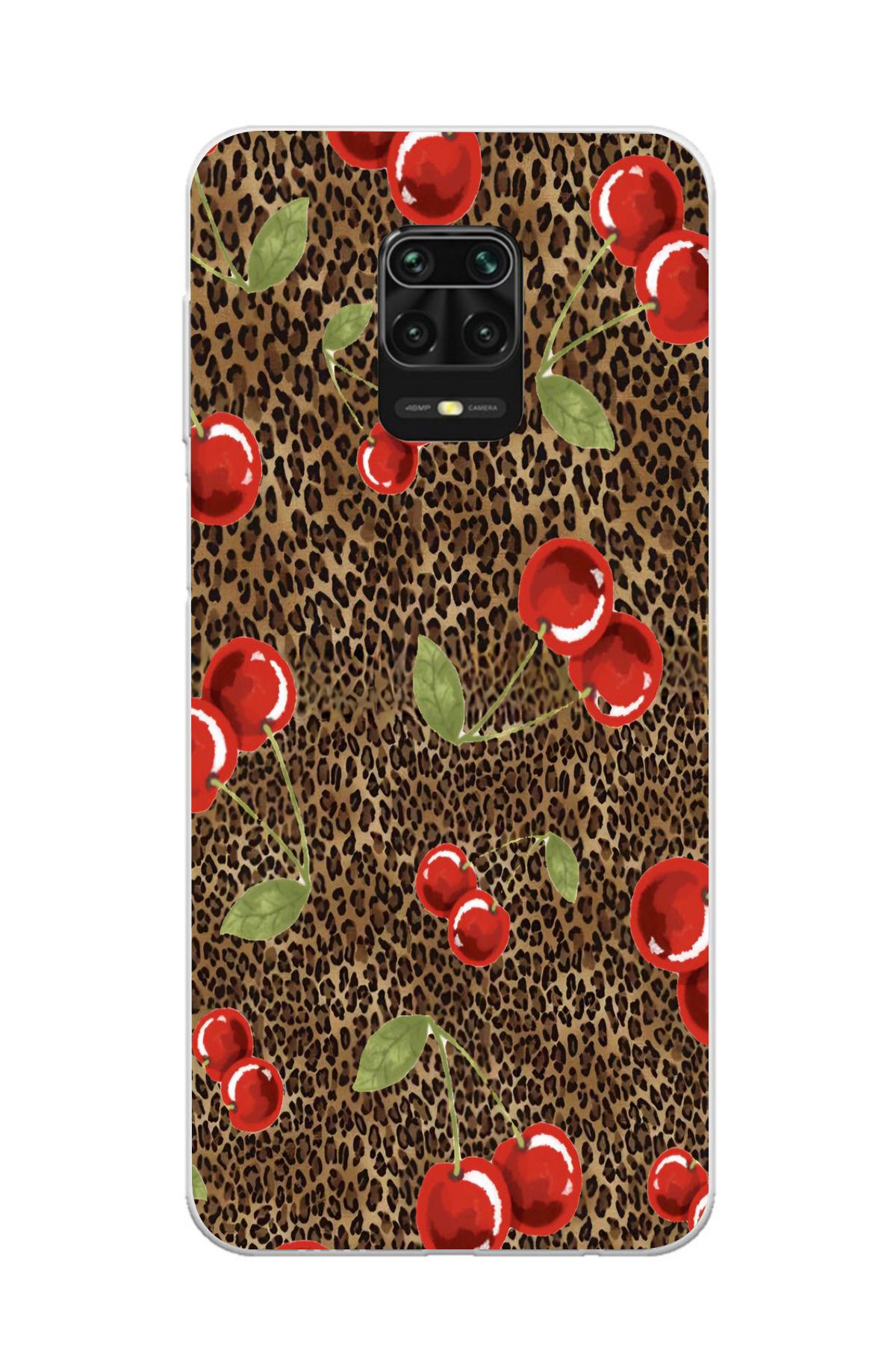 moonset Xiaomi Redmi Note 9 Pro / Note 9S Uyumlu Leopar ve Kiraz Tasarımlı Baskılı Şeffaf Telefon Kılıfı