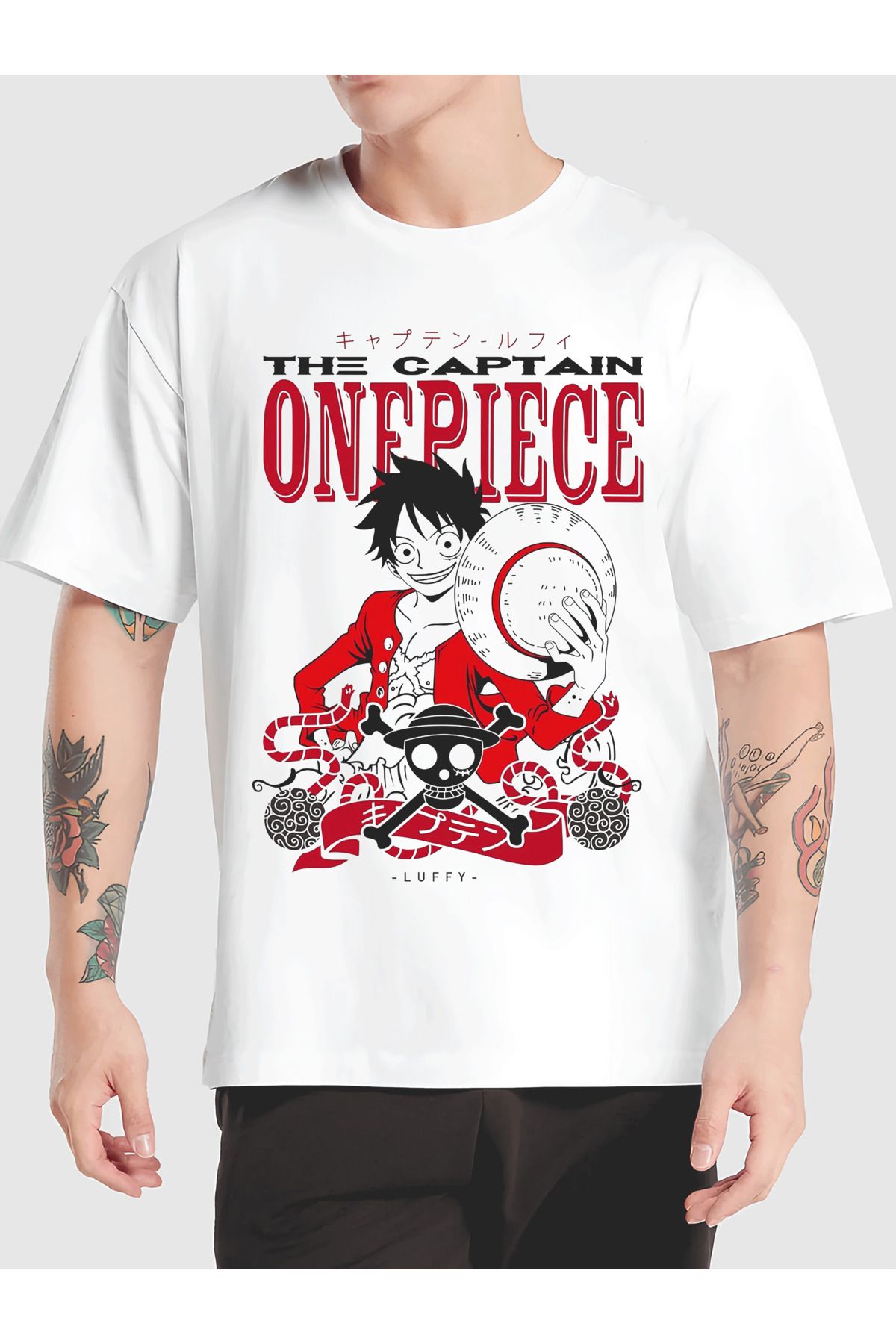 sielta Anime One Piece Baskılı Bisiklet Yaka Oversize Kalıp Unisex Beyaz Tişört T-shirt