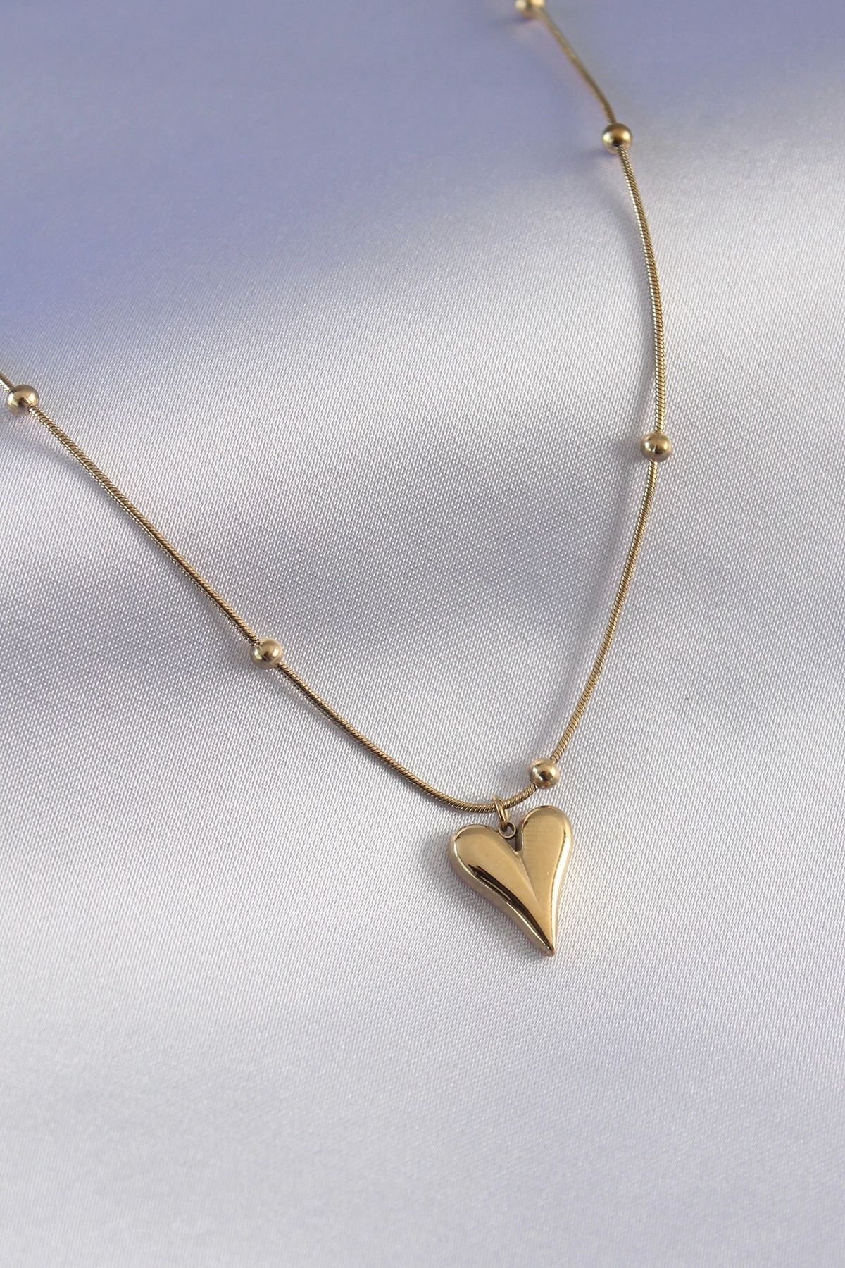 Clariss 316L Çelik Gold Renk Kalp Figür Minimal Top Detay Kadın Kolye