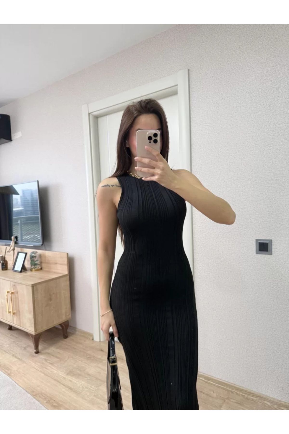 REKA MODA Fitilli Triko Elbise Maxi Uzun boy - Siyah