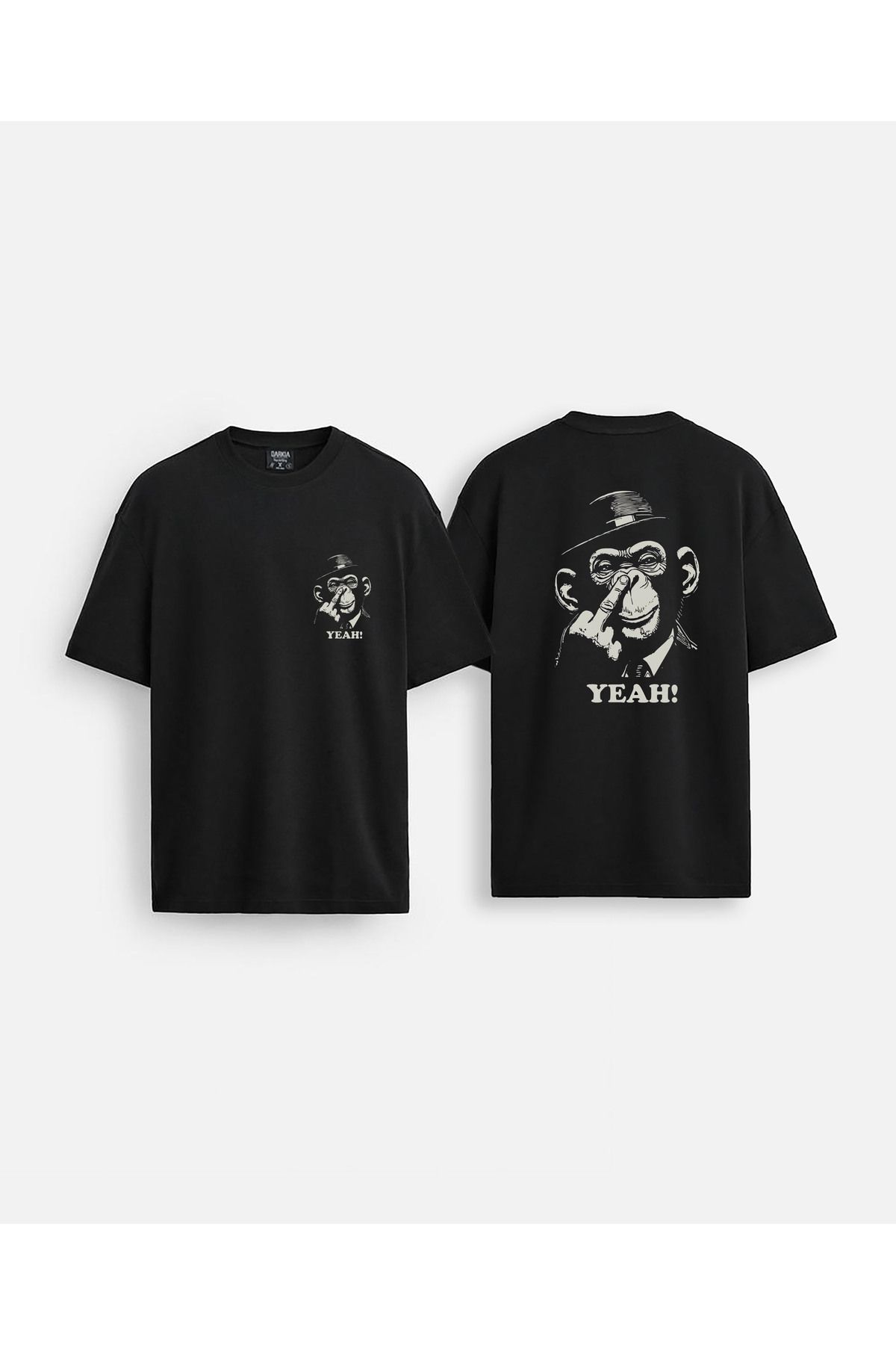 sielta Patron Maymun Baskılı Bisiklet Yaka Oversize Çift Taraflı Siyah Tişört T-shirt