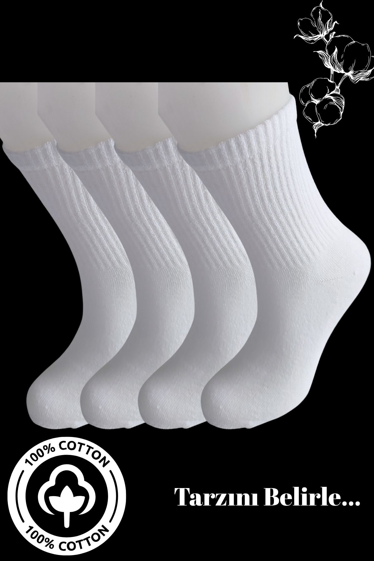 DİLRUBA AVM 4 ÇİFT Tenis Çorabı Fitilli Beyaz Unisex - Yüksek Kalite Tenis Çorabı Soket Boy Beyaz
