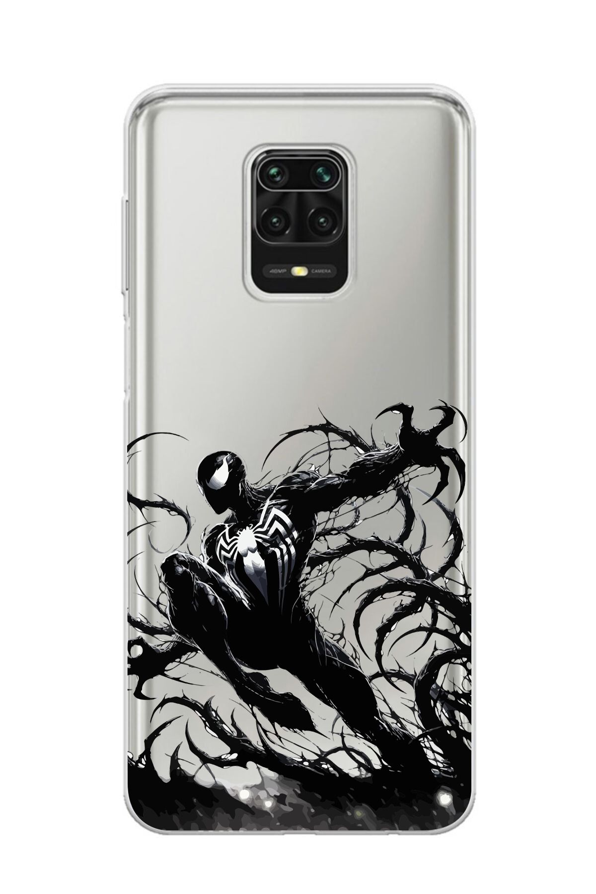 moonset Xiaomi Redmi Note 9 Pro / Note 9S Uyumlu Siyah Örümcek Tasarımlı Baskılı Şeffaf Telefon Kılıfı