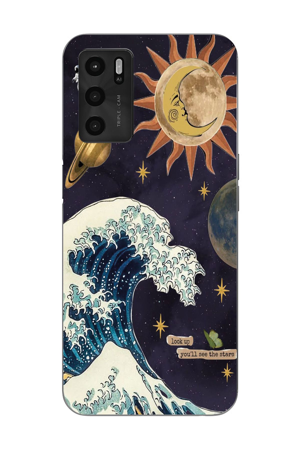 moonset Oppo A16 / A55 Uyumlu Dalga ve Güneş Tasarımlı Baskılı Şeffaf Telefon Kılıfı