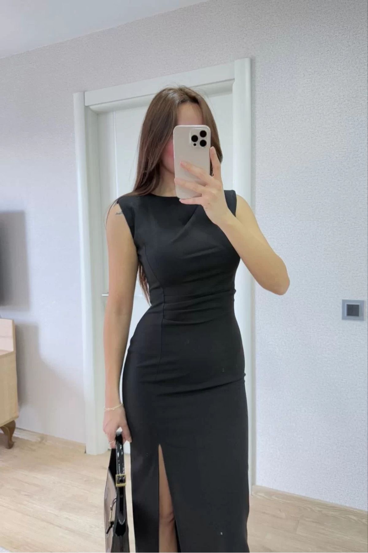 REKA MODA Yırtmaç Detaylı kolsuz Elbise - Siyah