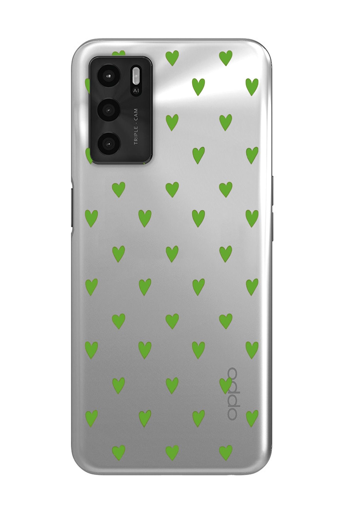 moonset Oppo A16 / A55 Uyumlu Yeşil Kalpler Tasarımlı Baskılı Şeffaf Telefon Kılıfı