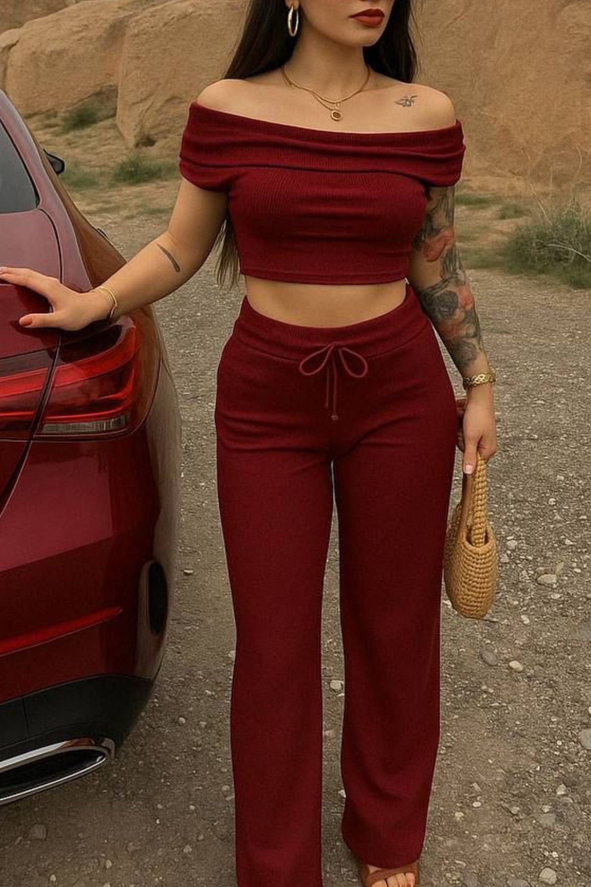SYMPATHY Kadın Bordo Madonna Yaka Pamuklu Likralı Kaşkorse Kumaş Alt-Üst Trend Yazlık Takım