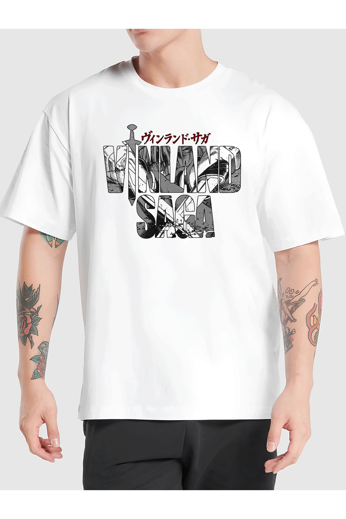 Darkia Vinland Saga Anime Baskılı Bisiklet Yaka Oversize Kalıp Unisex Beyaz Tişört T-shirt