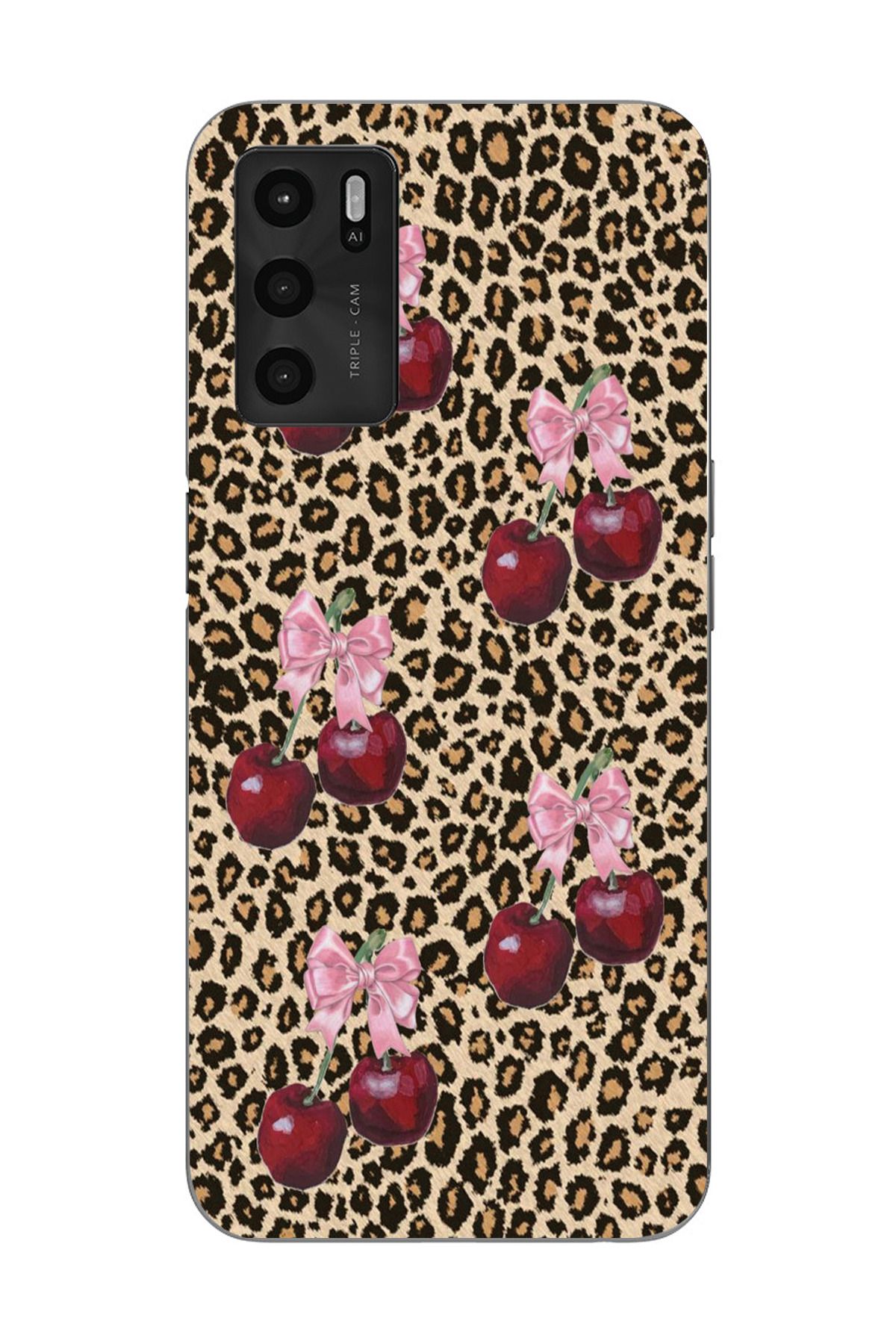 moonset Oppo A16 / A55 Uyumlu Leopar ve Fiyonk Tasarımlı Baskılı Şeffaf Telefon Kılıfı