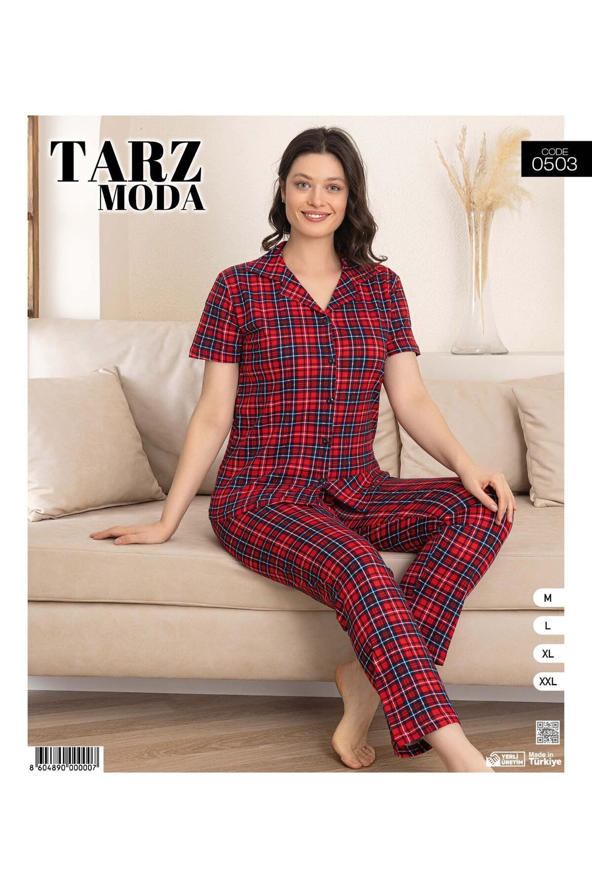 Ayreka Kırmızı Ekose Desen Kısa Kol Kadın Pijama Takımı