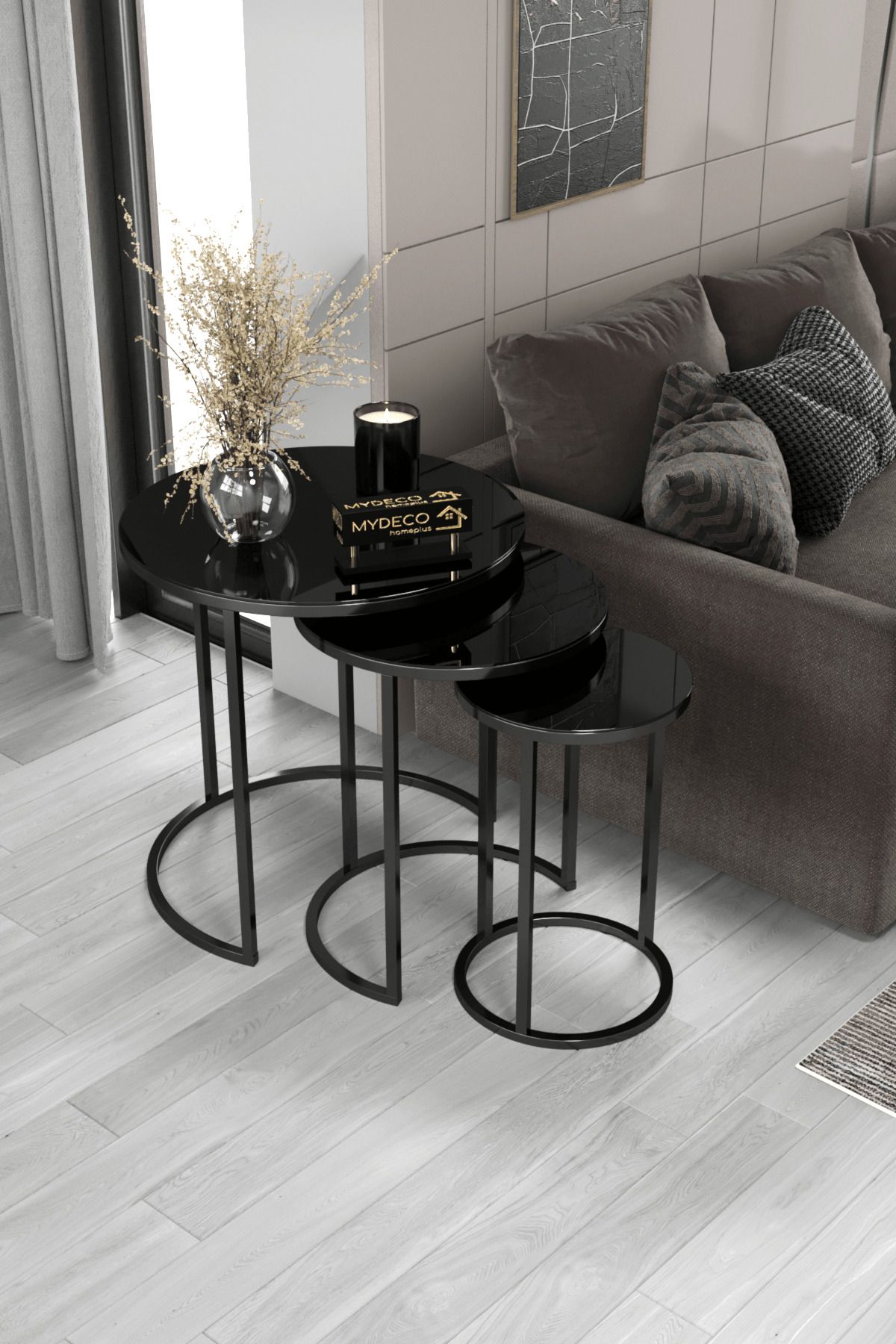 home plus mobilya 3'lü Zigon Sehpa Siyah Ayak Siyah Ayna