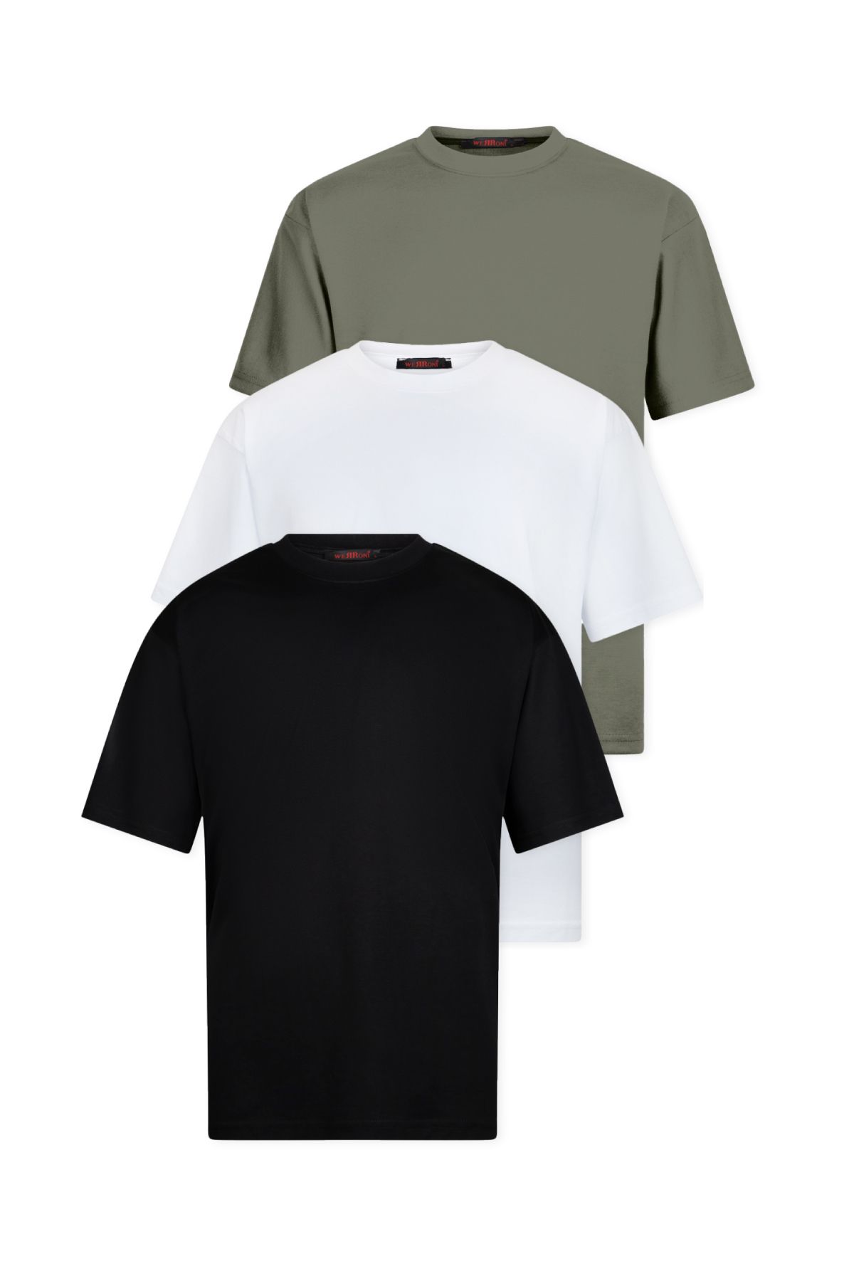 WERRONİ 3'lü Set Oversize Basic T-Shirt, Siyah - Beyaz - Haki