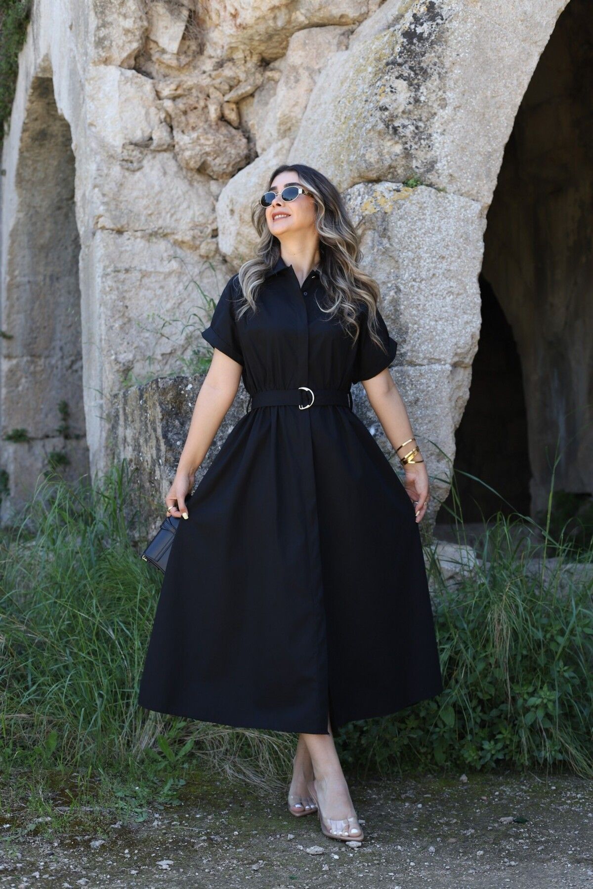 bytugcekaya Siyah Poplin Kumaş Kuşaklı Gömlek Elbise