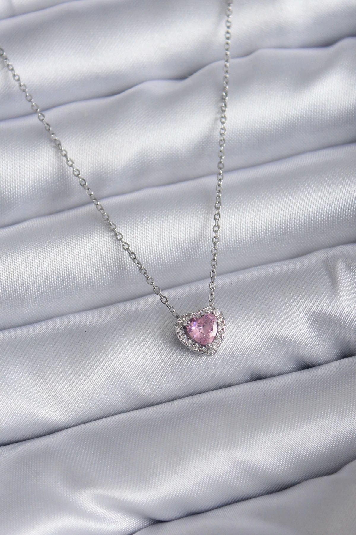 Clariss 316L Çelik Zincirli Gümüş Renk Pembe Zirkon Taşlı Charm Kadın Kolye