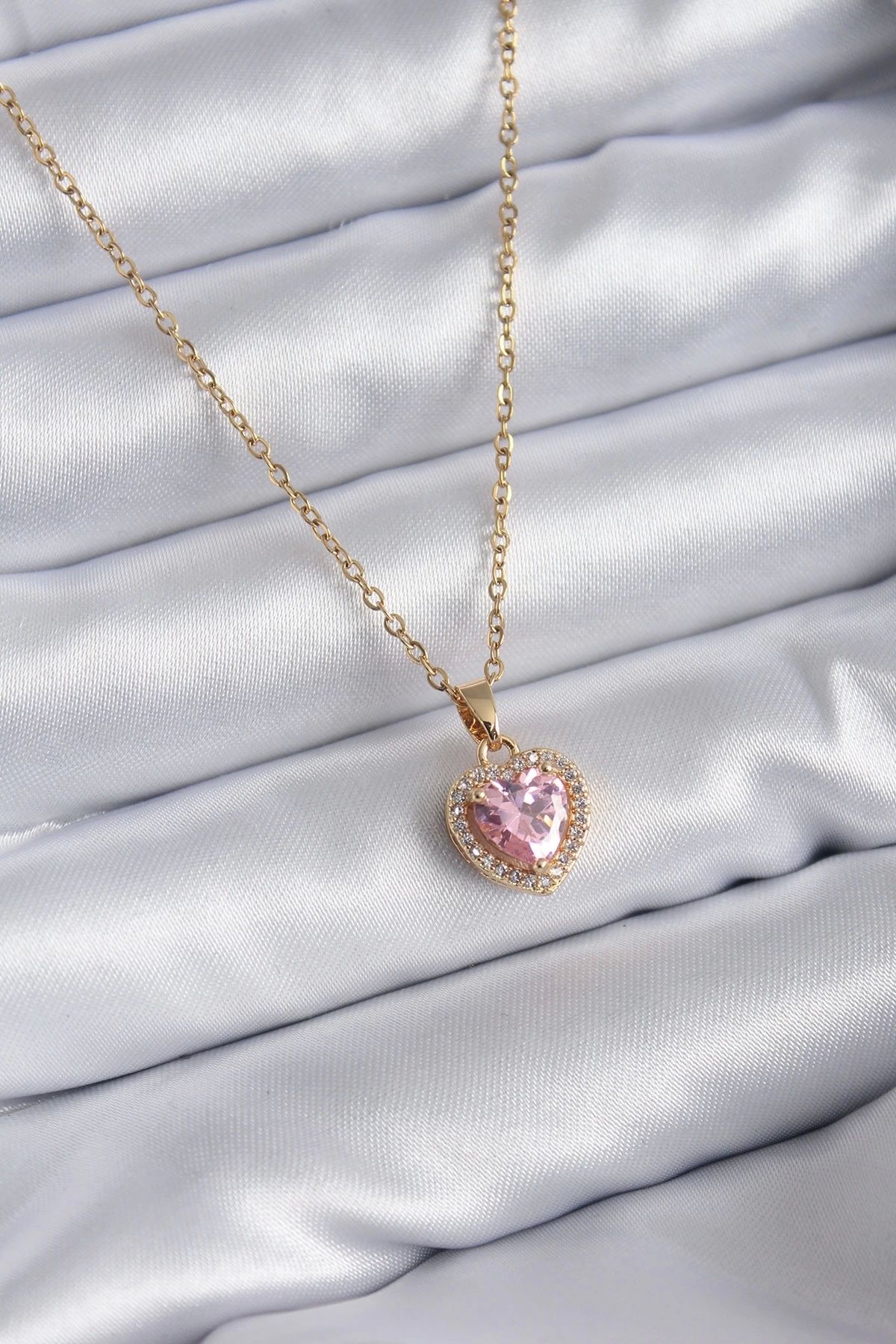 Clariss 316L Çelik Zincir Gold Renk Pembe Zirkon Taş Kalp Model Charm Kadın Kolye