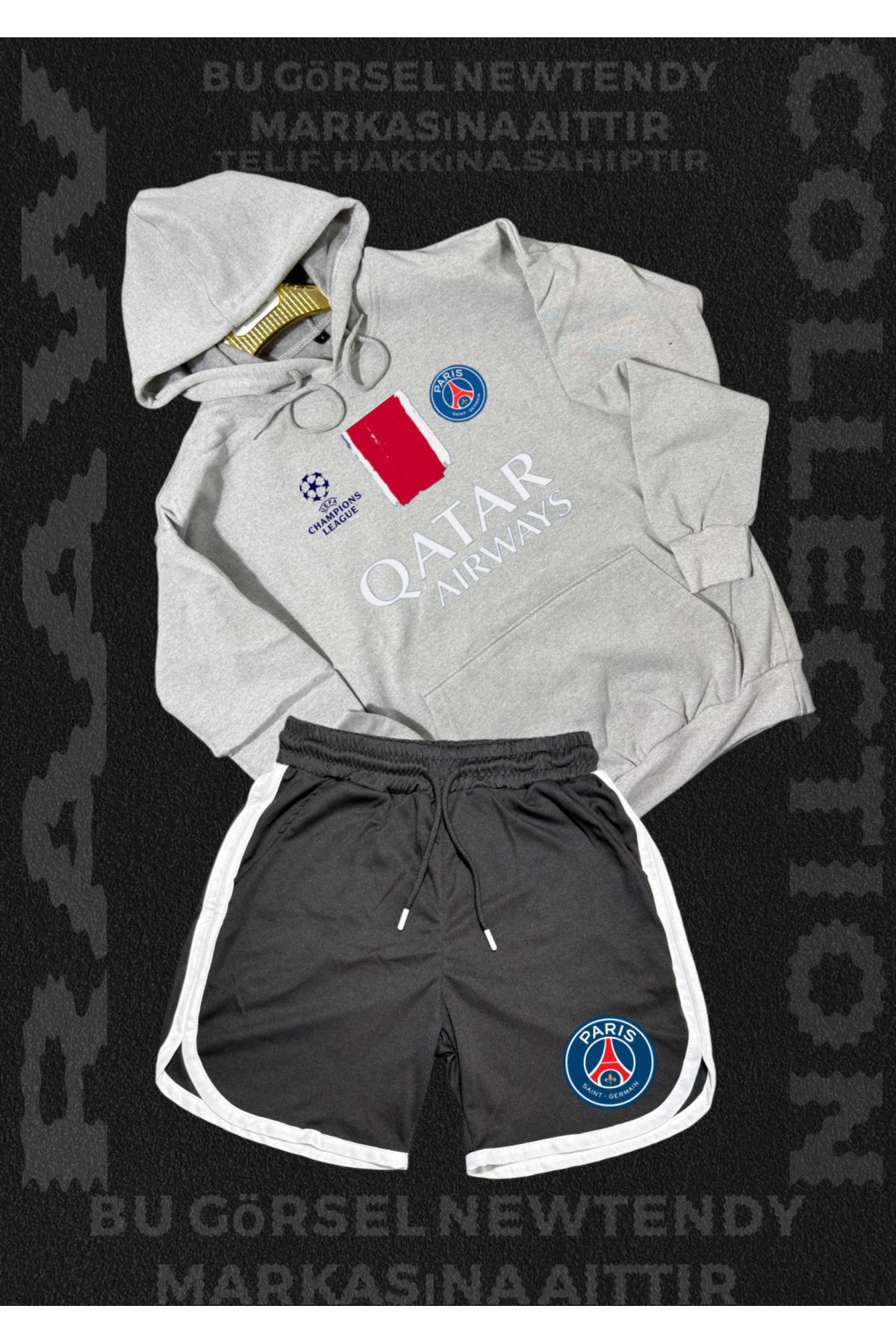 Minikelya Paris Sweatshirt Şort Takım Erkek Kapüşonlu Üst Gri siyah kırmızı Alt Spor Taraftar Kombin