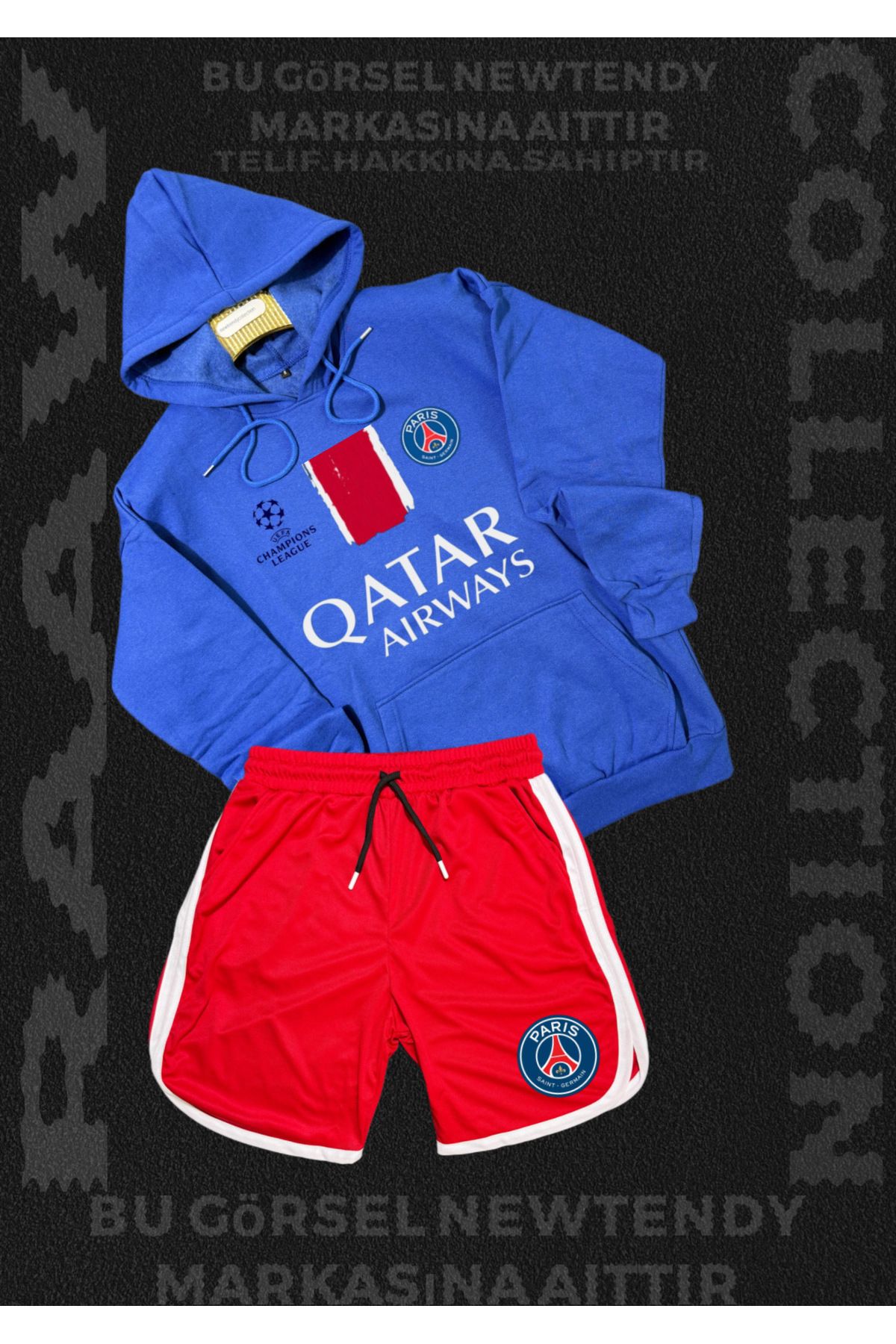 Minikelya Paris Sweatshirt Şort Takım Erkek Kapüşonlu Üst Gri siyah kırmızı Alt Spor Taraftar Kombin