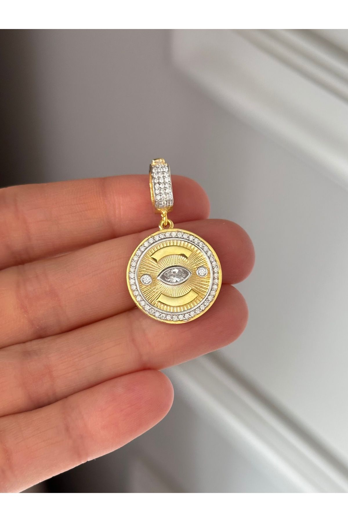 emy by emel luxury silver jewelry Altın Kaplama Taşlı Göz Kolye Ucu 925 Ayar Gümüş