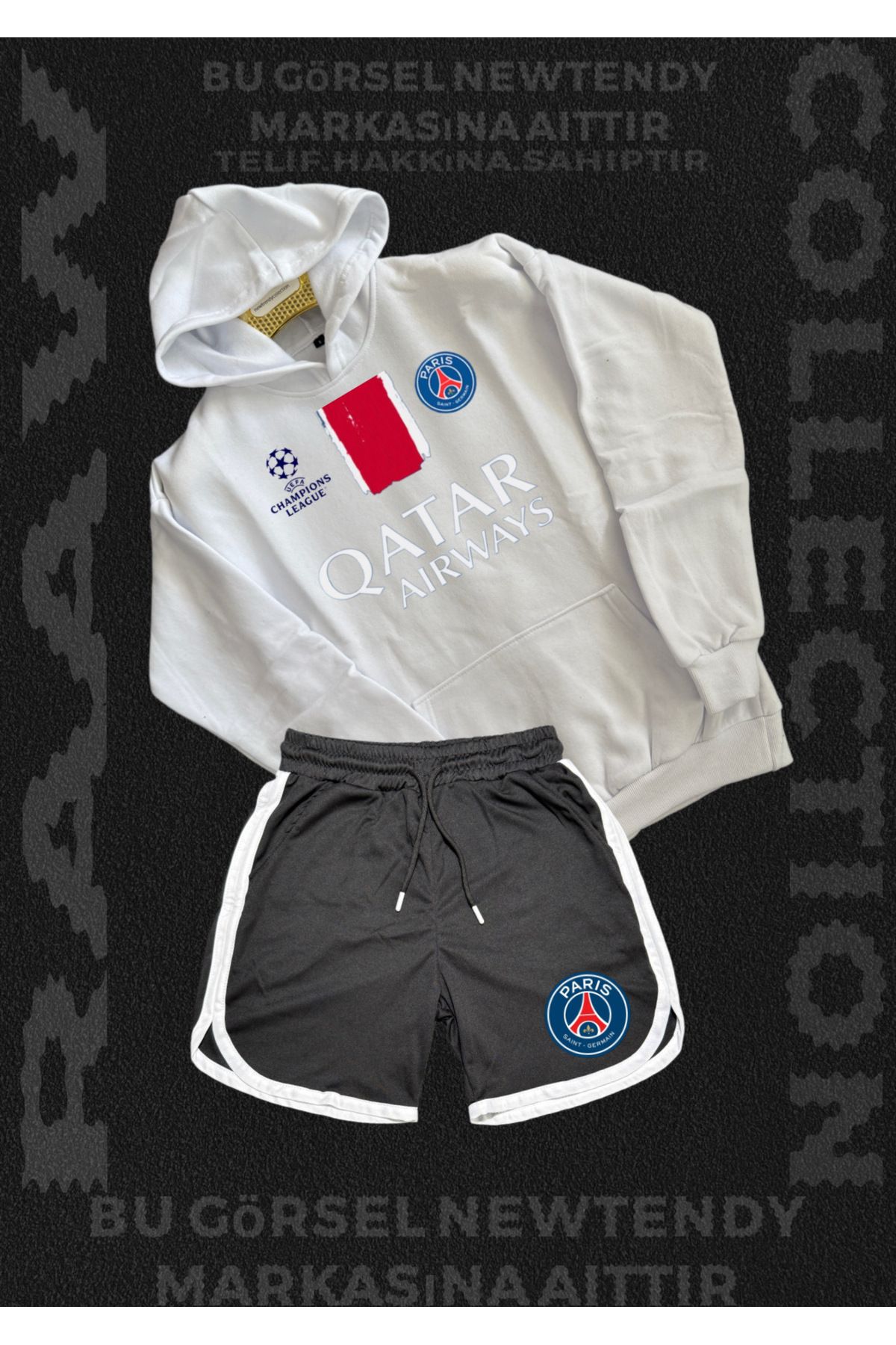 Minikelya Paris Sweatshirt Şort Takım Erkek Kapüşonlu Üst Gri siyah kırmızı Alt Spor Taraftar Kombin