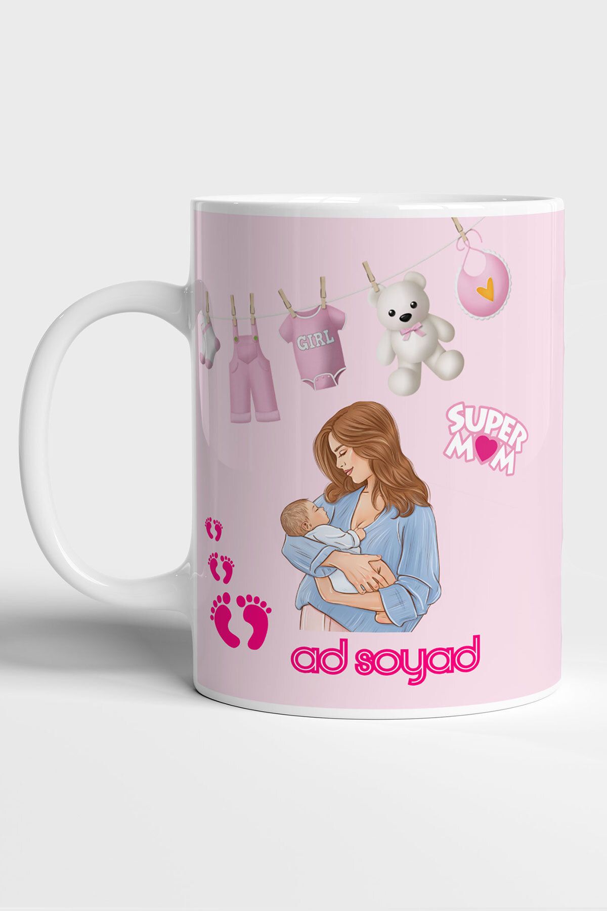 GRN TASARIM Anneler Gününe Özel Super Mom Yazılı Kişiselleştirilebilir Kupa Bardak( 1 Adet )