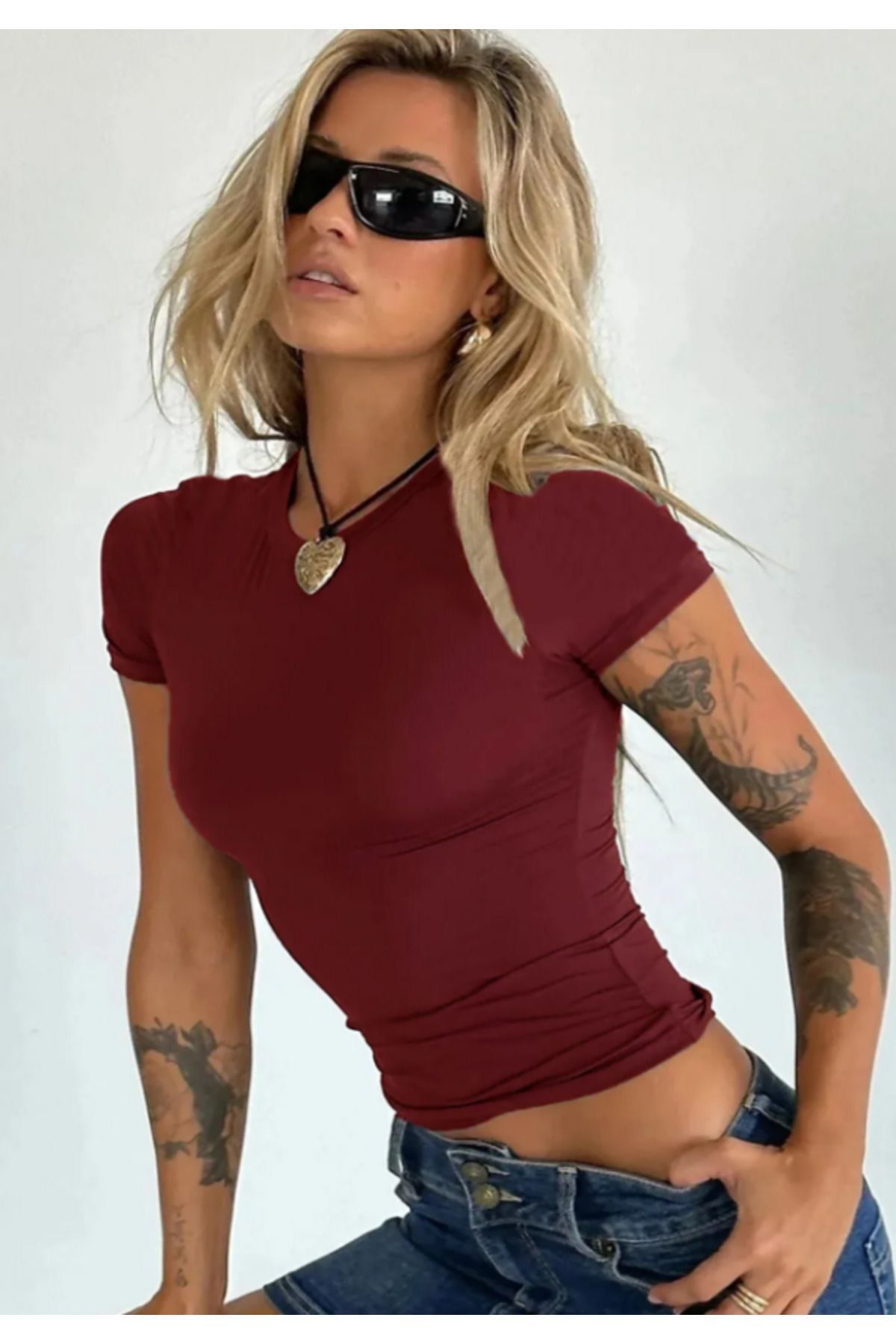 FASİON Bisiklet Yaka Kısa Kollu Likralı Esnek T-Shirt