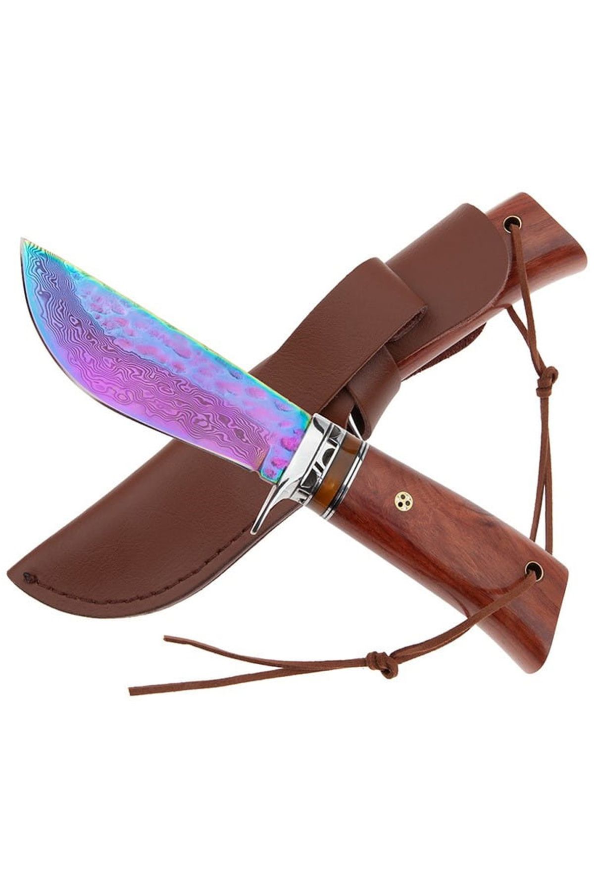 Depox Cuțit De Vânătoare Ideallstore , Precizie Rose, Damasc, 22 Cm, Lemn De Trandafir, Multicolor, Teacă Din Piele - One Size