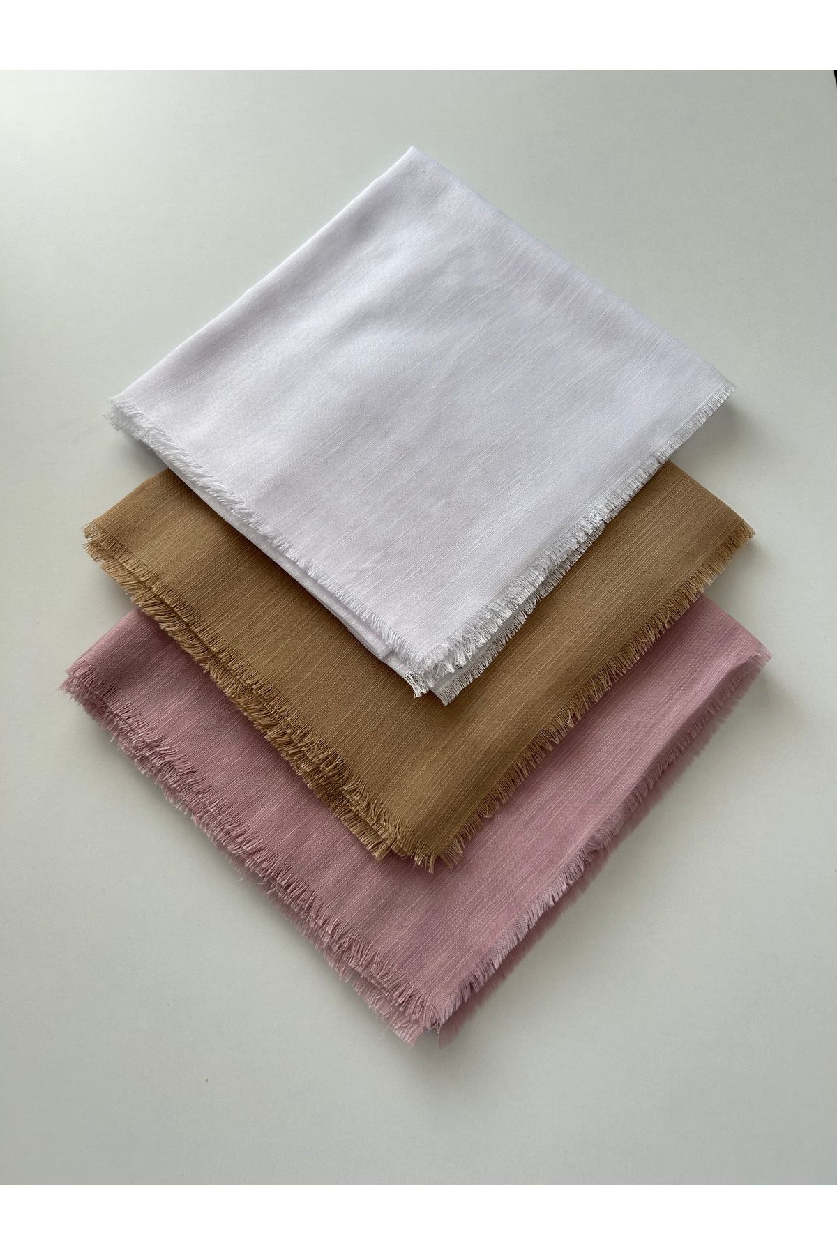 Sümeyye çeyiz 3 adet flamlı yazma 100x100 cm pamuklu tülbent (beyaz/ sütlü kahve/ pudra pembe)