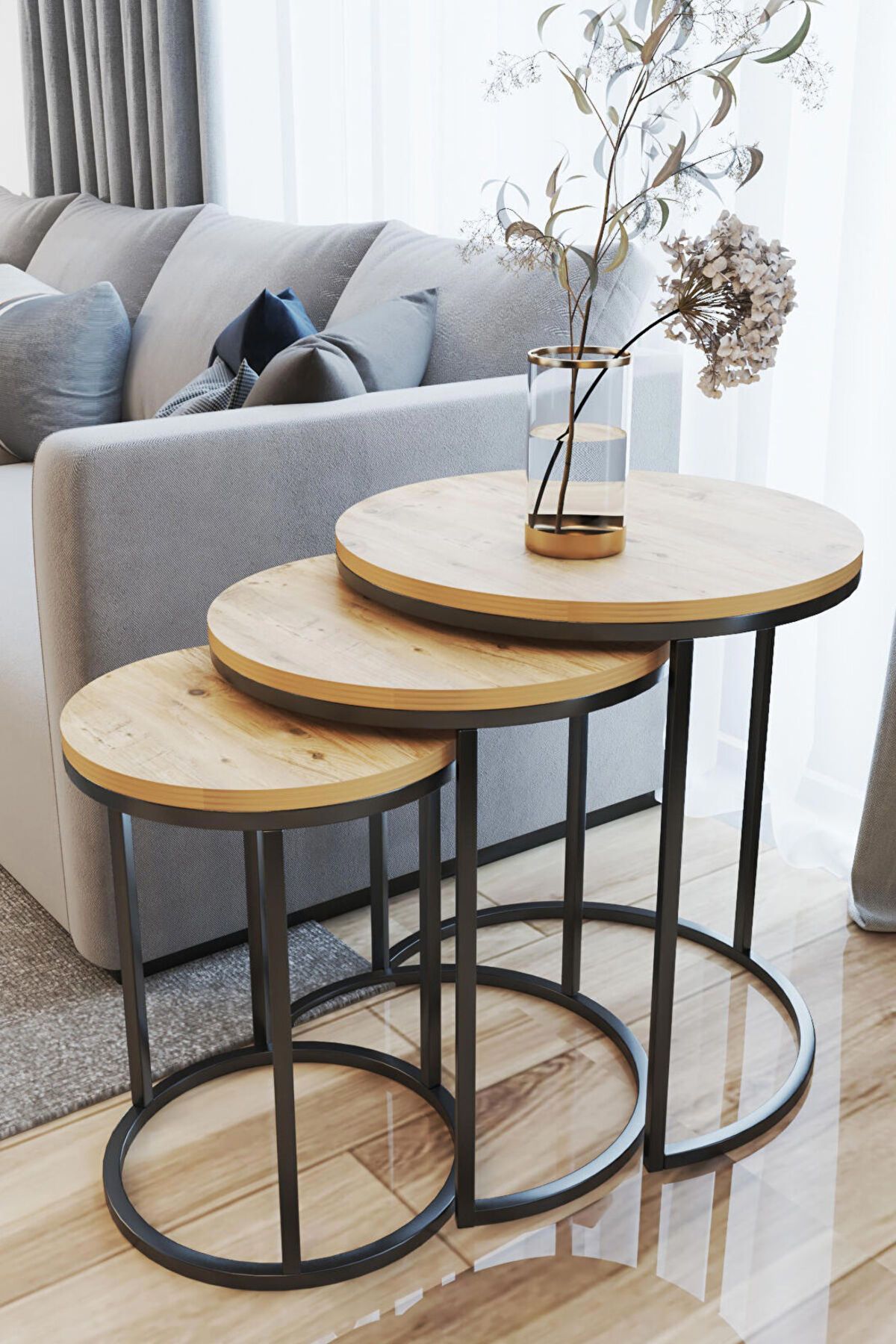 home plus mobilya 3'lü Zigon Sehpa Siyah Ayak Atlantik Çam 18mm Sunta