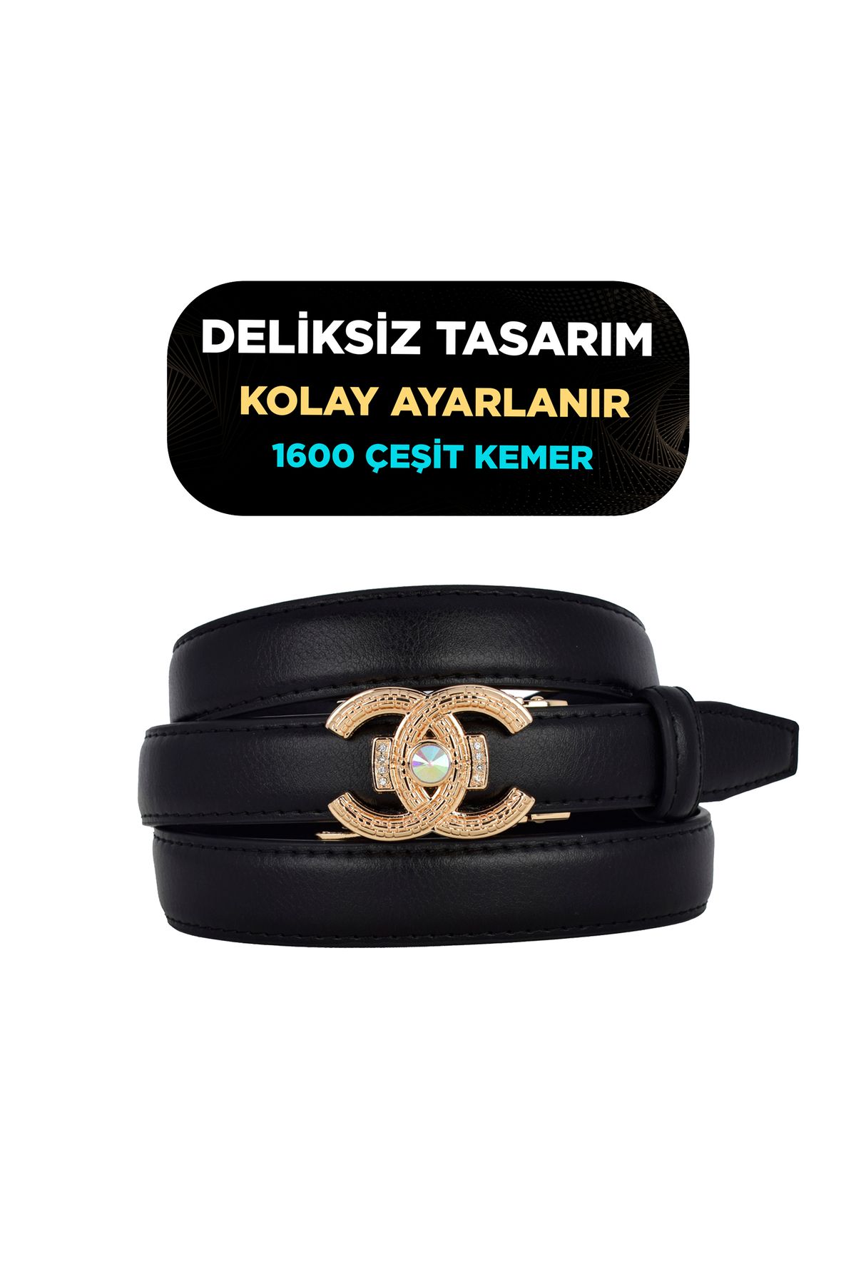 GoDeri Otomatik Tokalı, Deliksiz Siyah Kadın Kemeri, Pantolon Kemeri, Elbise Kemeri, 2.5 cm_auto