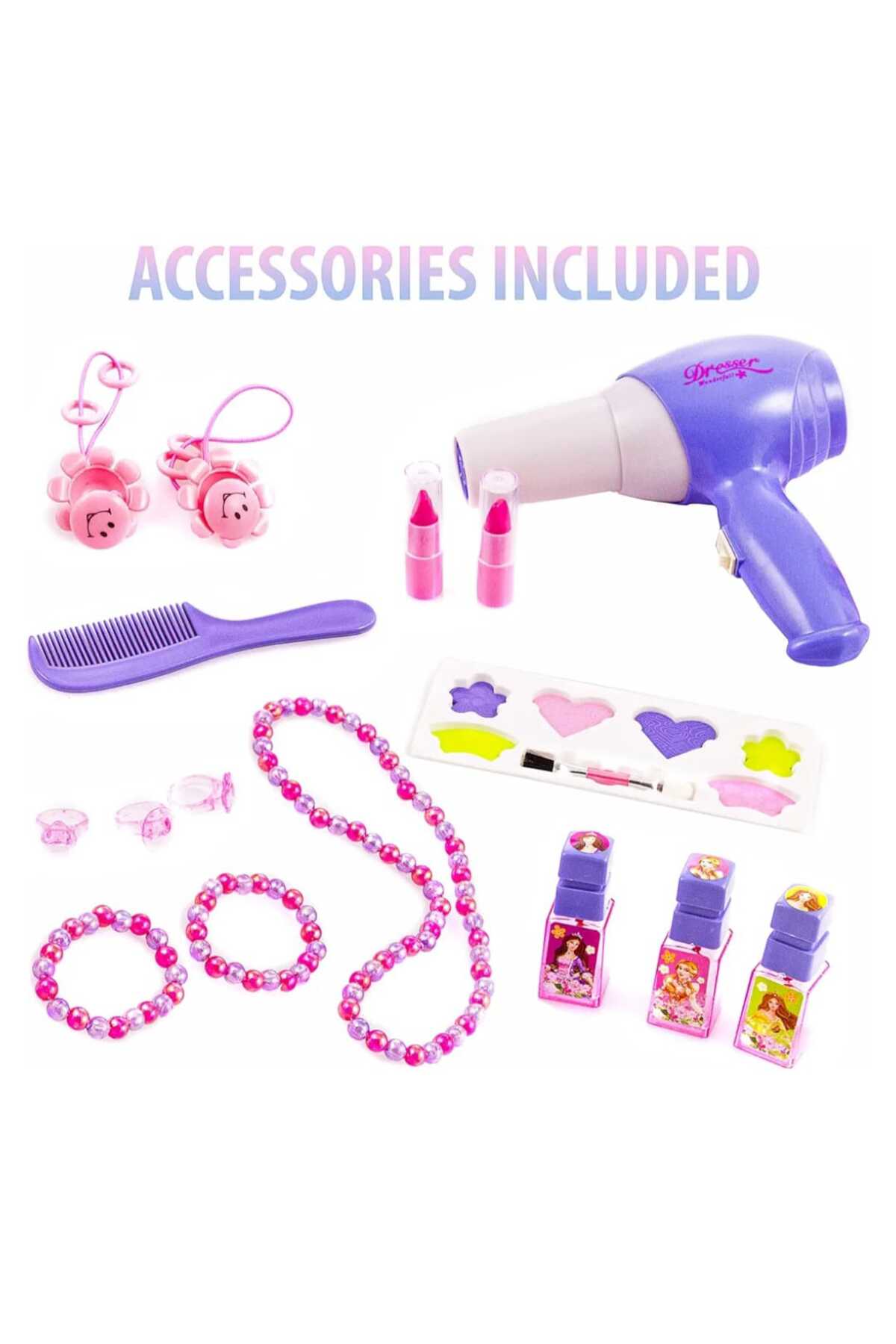 👑 طاولة مكياج فانيتي بيوتي للبنات 16قطعة مع مرآة وأضواء وأصوات ومجفف شعر وكرسي صغير ✨