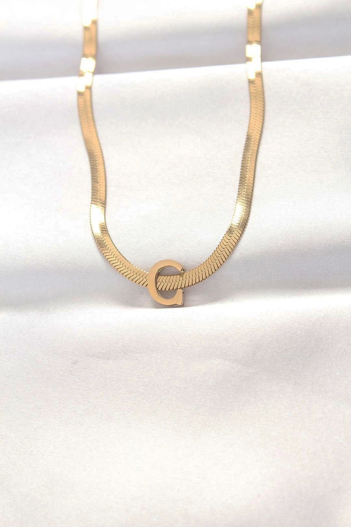 Clariss 316L Çelik C Harfli Gold Renk İtalyan Zincirli Kolye