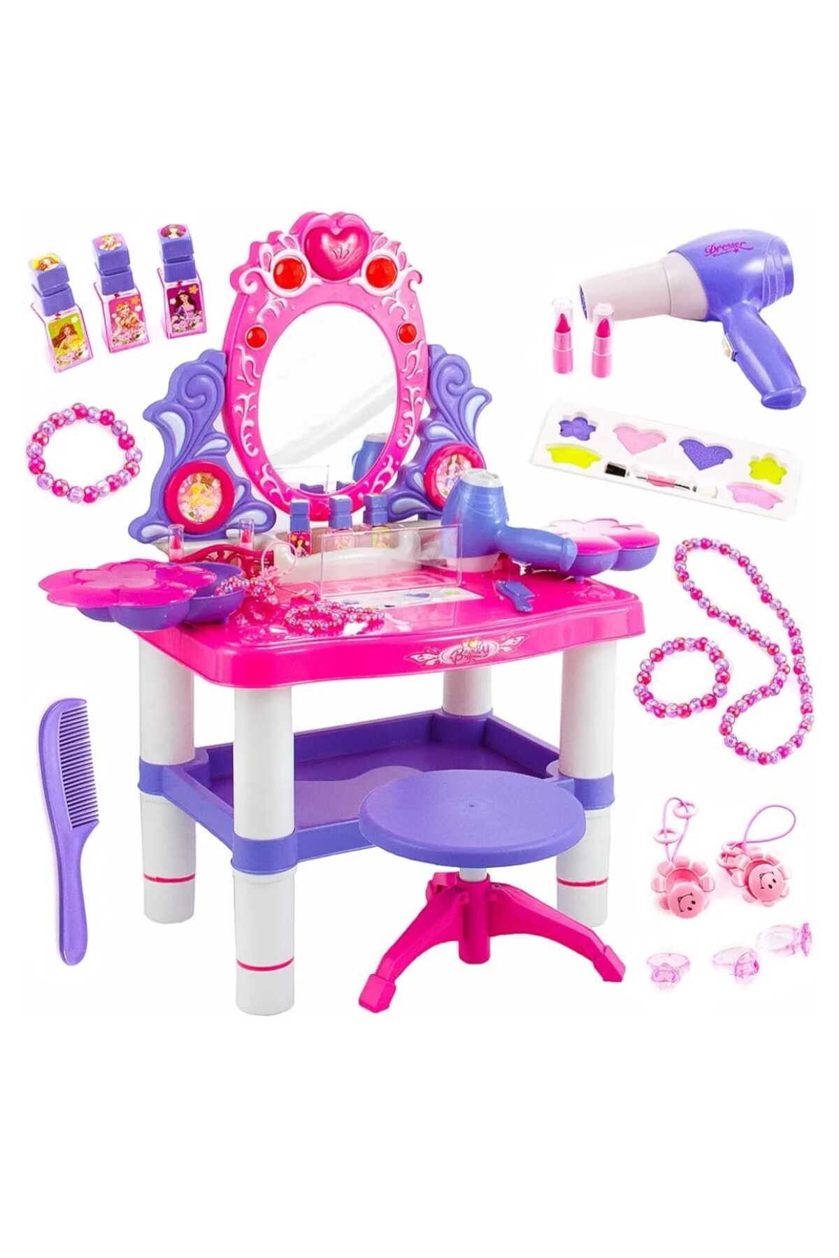 👑 طاولة مكياج فانيتي بيوتي للبنات 16قطعة مع مرآة وأضواء وأصوات ومجفف شعر وكرسي صغير ✨