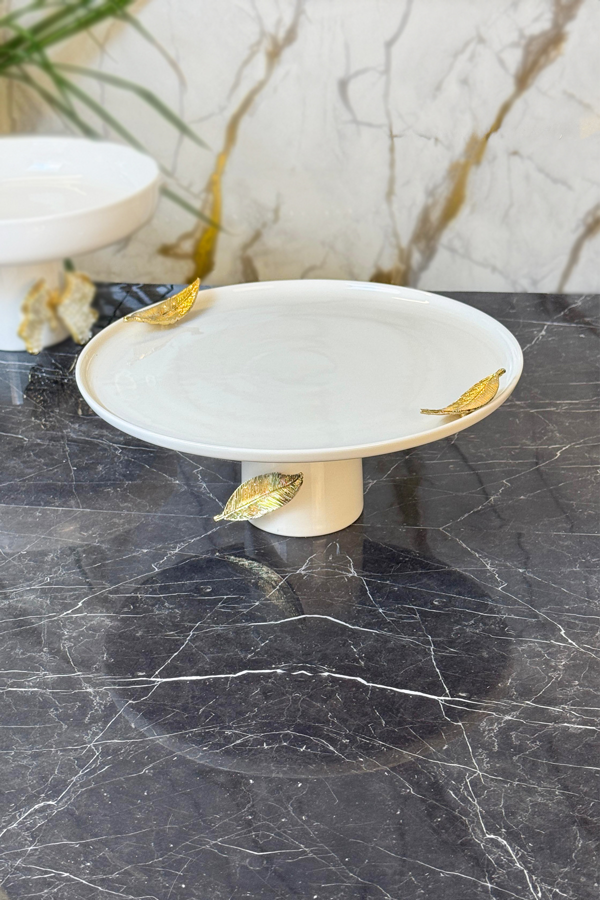 MAY HOME-Porcelain Leaf Detailed Footed Presentation Plate & Cake Pastry Food Presentation 3