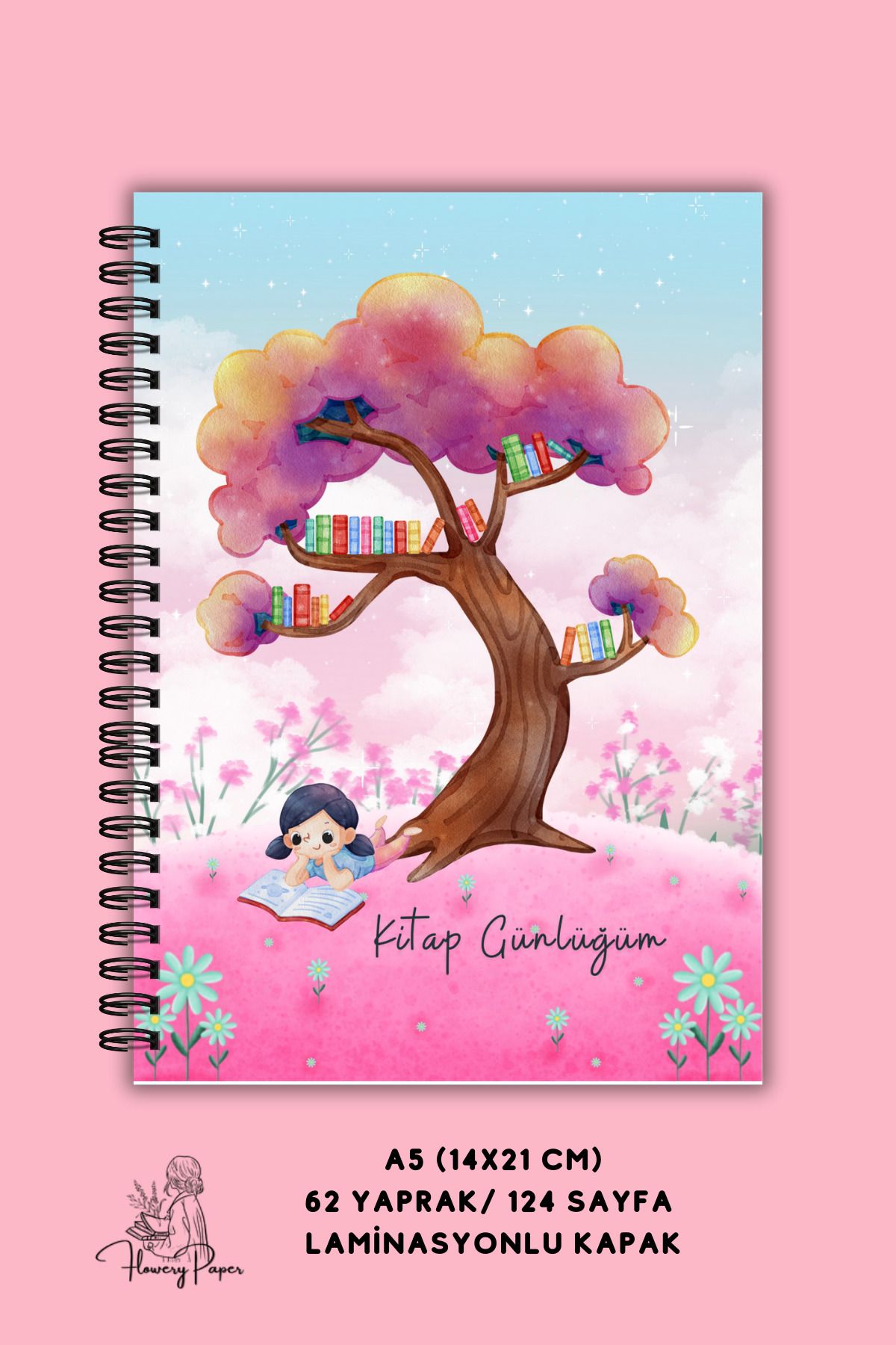 Flowery Paper Piknik Kız Çocuk Kitap Günlüğü , Çocuklar Için Okuma Günlüğü, Kitap, Defter ,günlük ,62/124 Sayfa