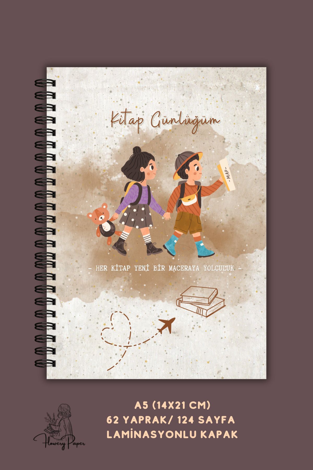 Flowery Paper Kitap Günlüğü , Çocuklar için okuma Günlüğü, Kitap, Defter ,Günlük ,62/124 sayfa