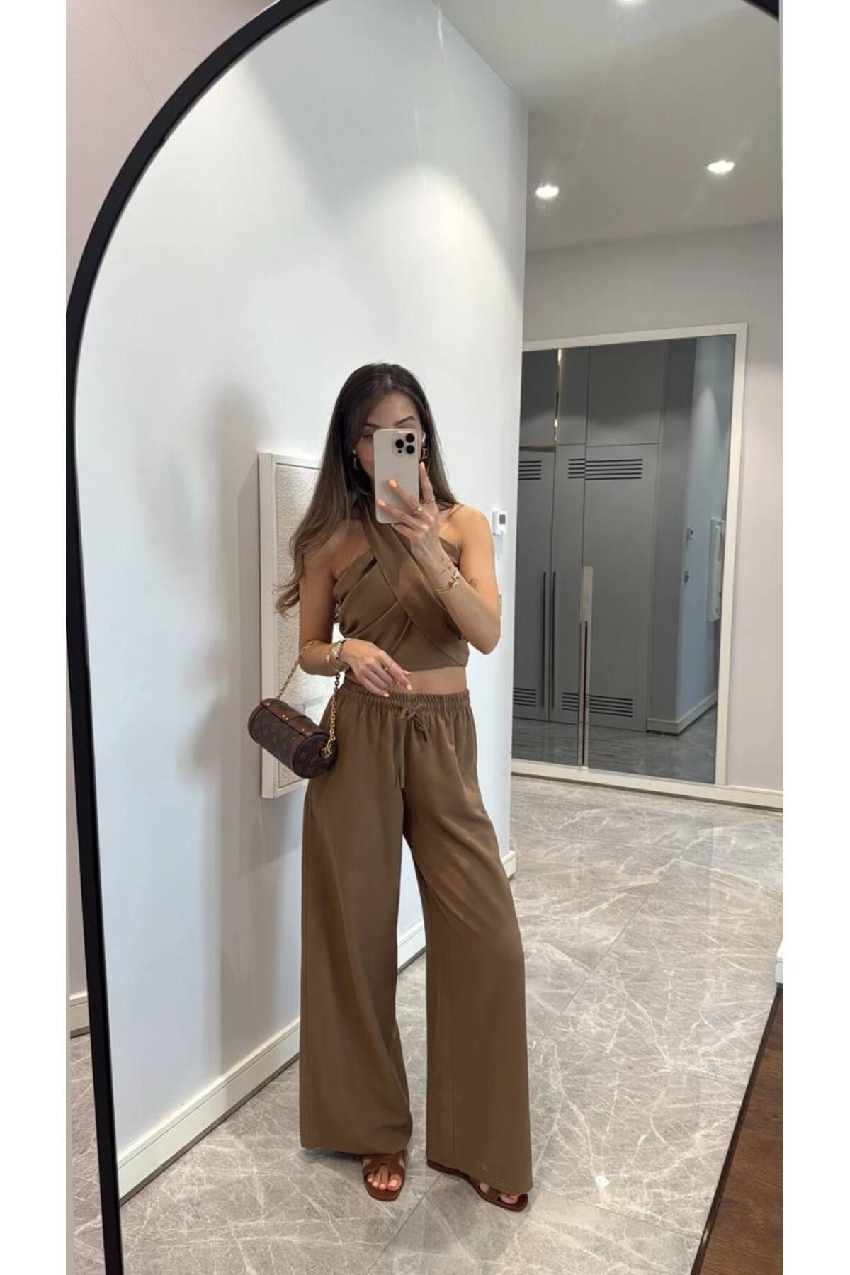 Miss Beyoğlu Vizon Boyun Bağlama Detaylı %100 Keten Takım