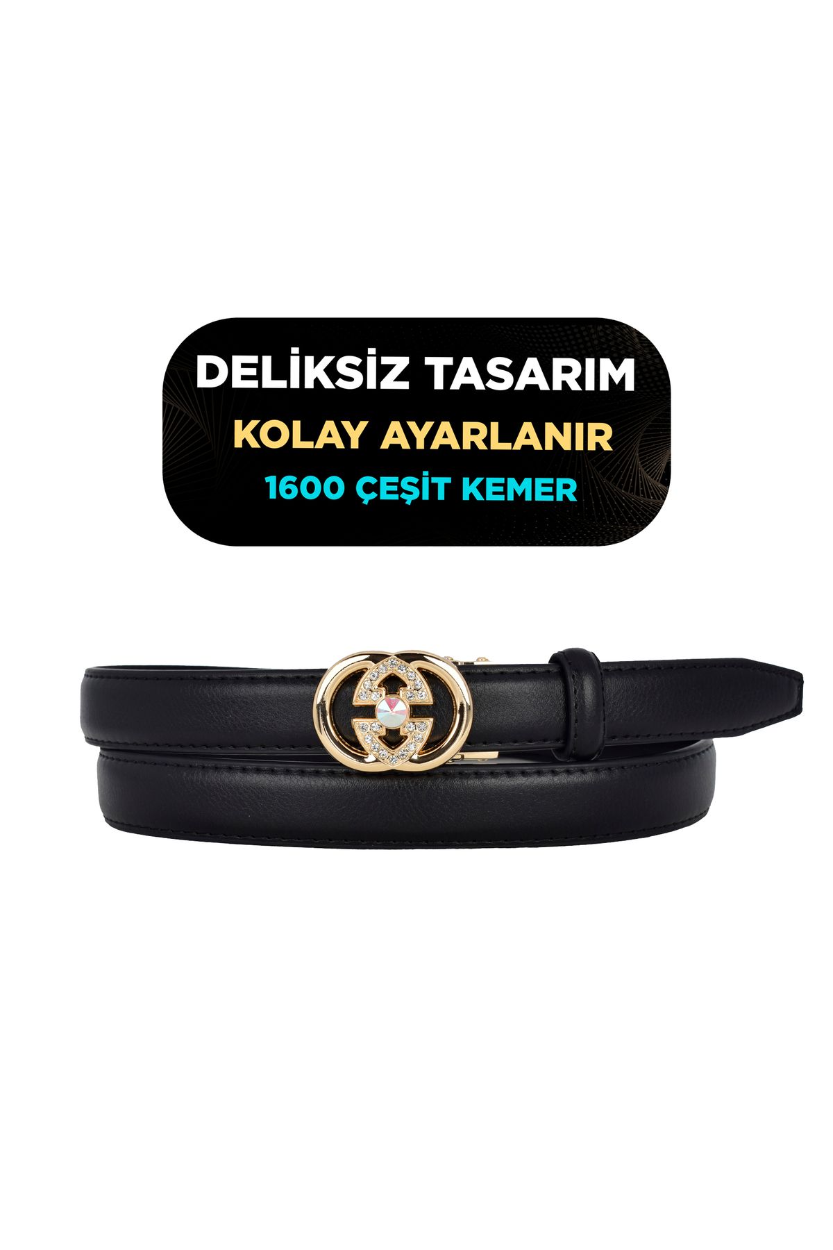 GoDeri Otomatik Tokalı, Deliksiz Siyah Kadın Kemeri, Pantolon Kemeri, Elbise Kemeri, 2.5 cm_auto