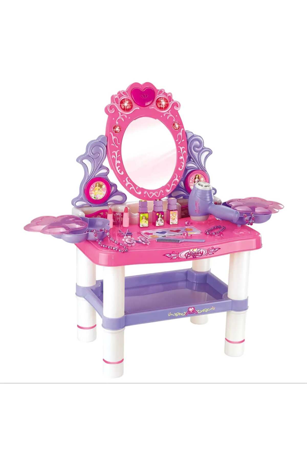 👑 طاولة مكياج فانيتي بيوتي للبنات 16قطعة مع مرآة وأضواء وأصوات ومجفف شعر وكرسي صغير ✨