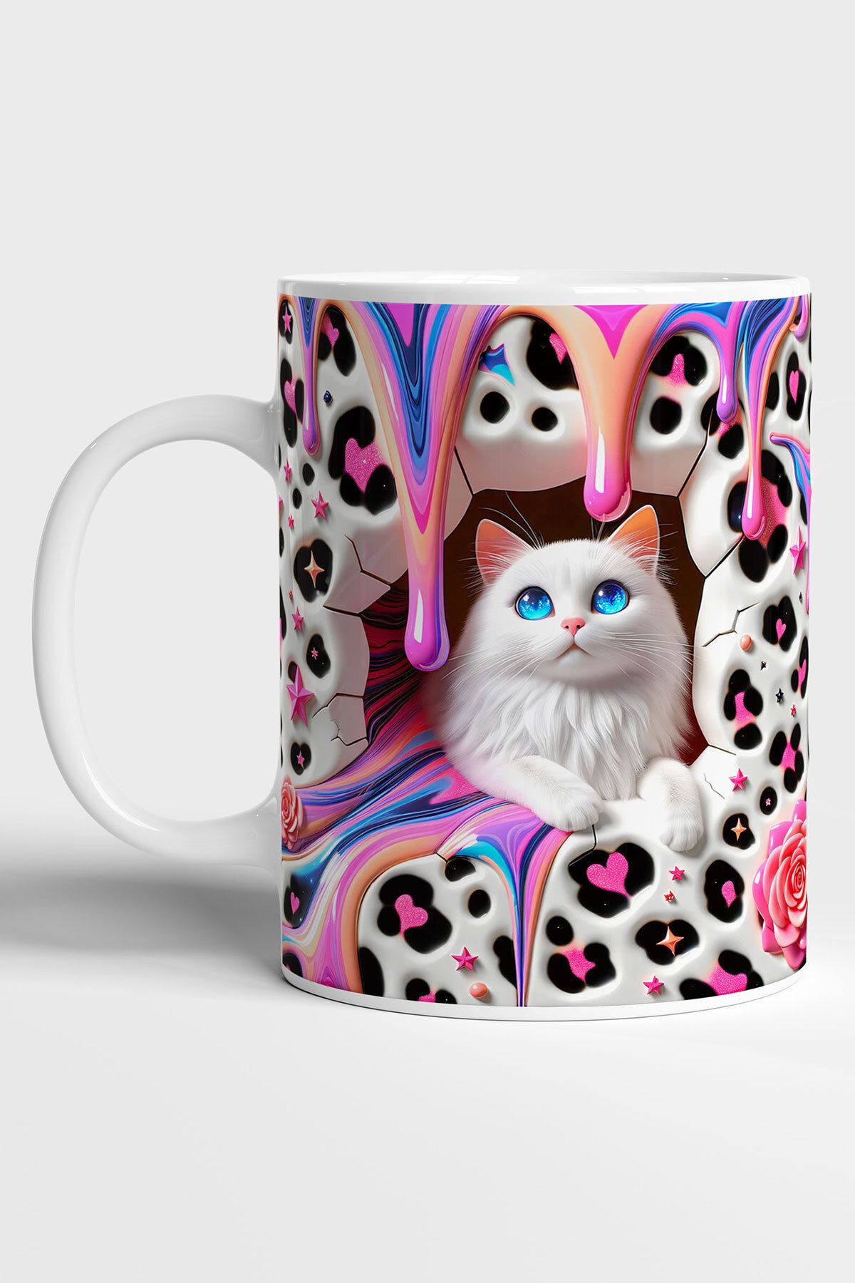GRN TASARIM Renkli Kedi Baskılı 3D Efekli Hediyelik Kupa Bardak