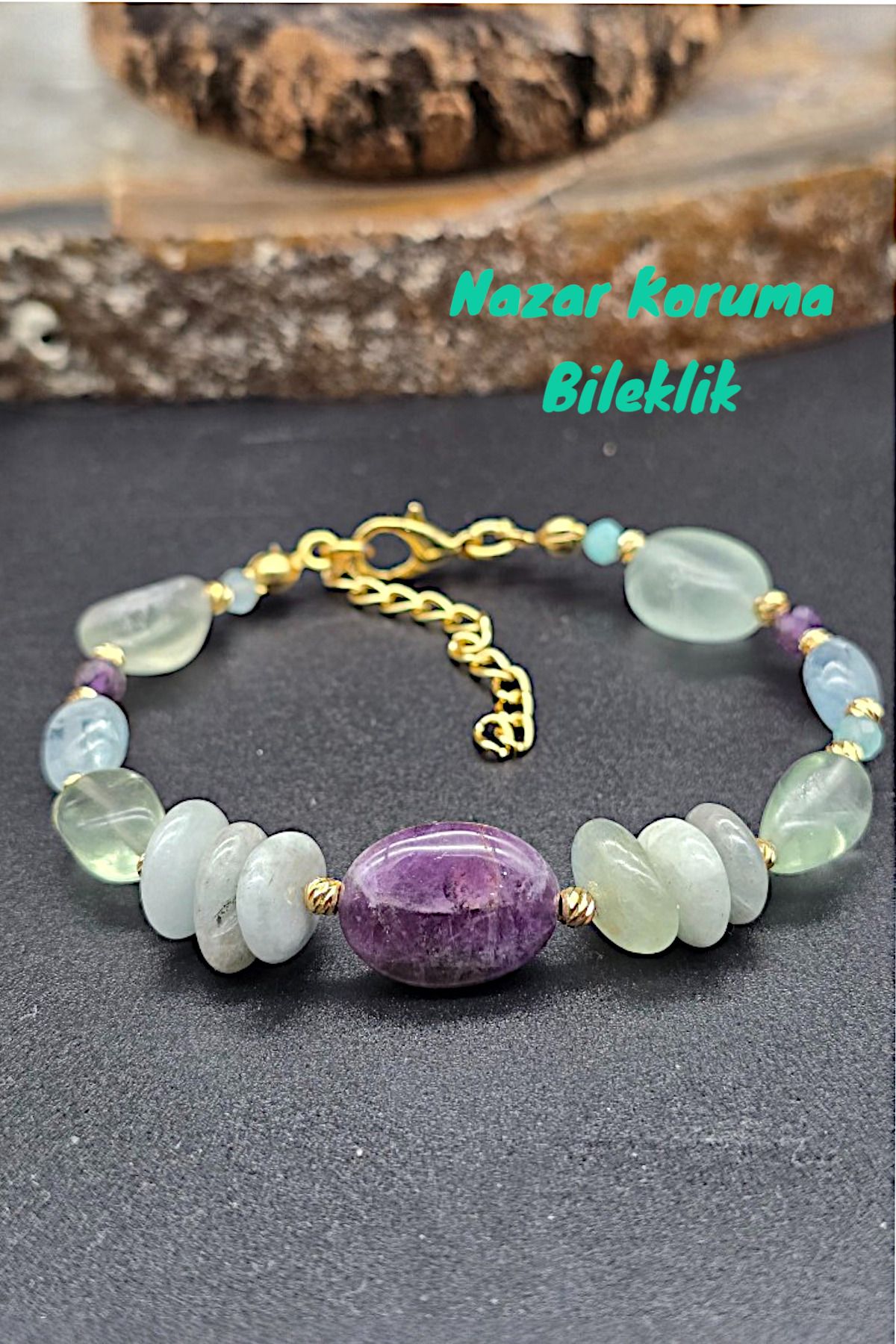 NBS Beautiful Naturel Stones Nazar Koruma Akuamarin ,Ametist , Florit , Kalsedon Tasarım Trend Doğal taş Bileklik