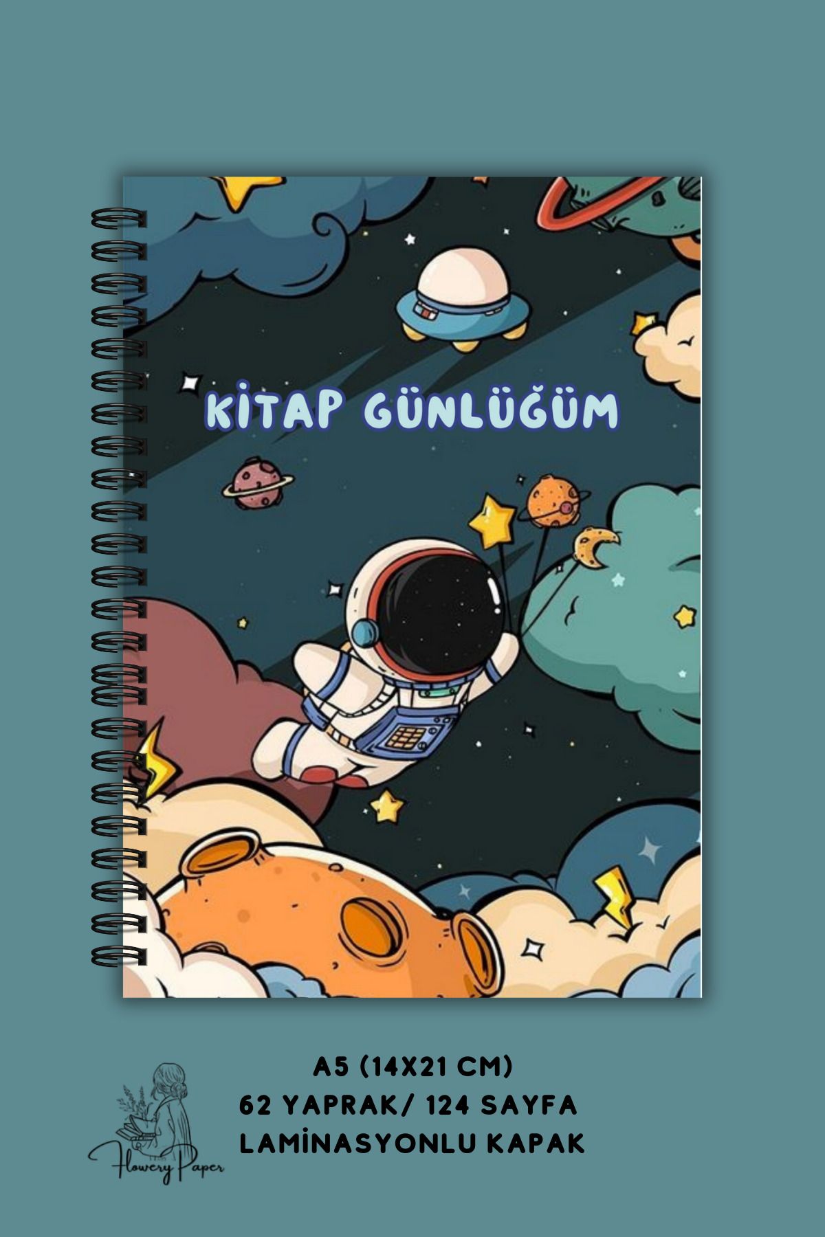 Flowery Paper Astronot Çocuk Kitap Günlüğü , Çocuklar Için Okuma Günlüğü, Kitap, Defter ,günlük ,62/124 Sayfa