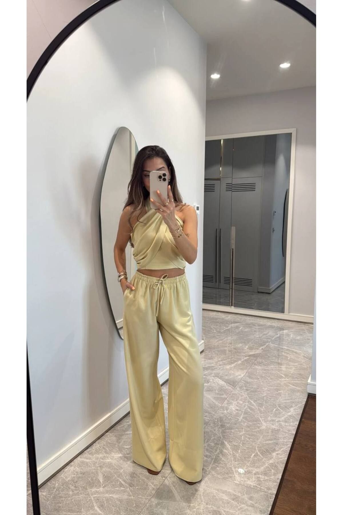 Miss Beyoğlu Vizon Boyun Bağlama Detaylı %100 Keten Takım