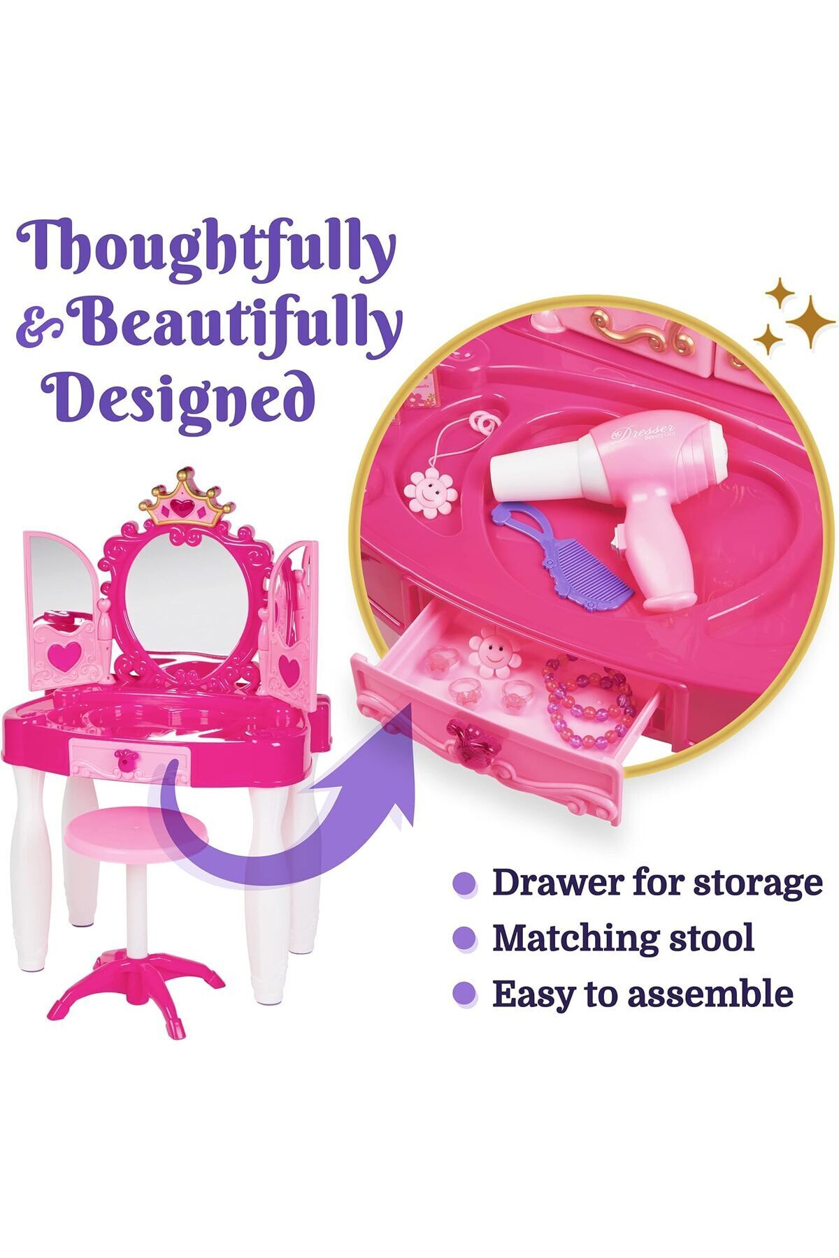 مجموعة ألعاب فانيتي للبنات مع مرآة وكرسي مكونة من 20 قطعة تتضمن إكسسوارات الشعر والمكياج