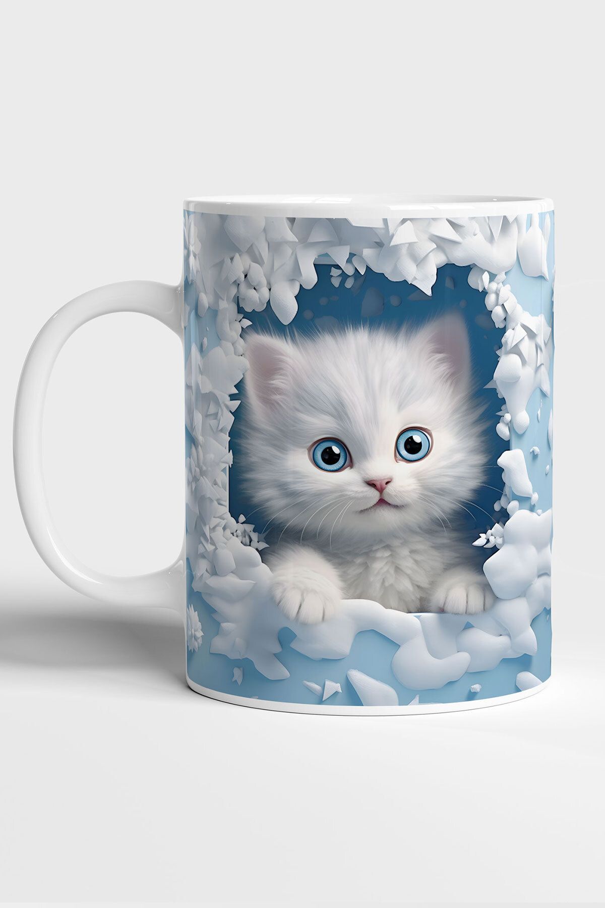 GRN TASARIM Mavi Kedi Baskılı 3D Efekli Hediyelik Kupa Bardak