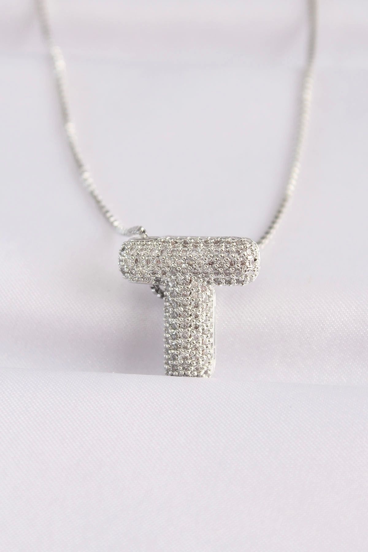 Clariss 316L Çelik Zincirli Zirkon Taşlı T Harfli Silver Renk Bubble Kolye