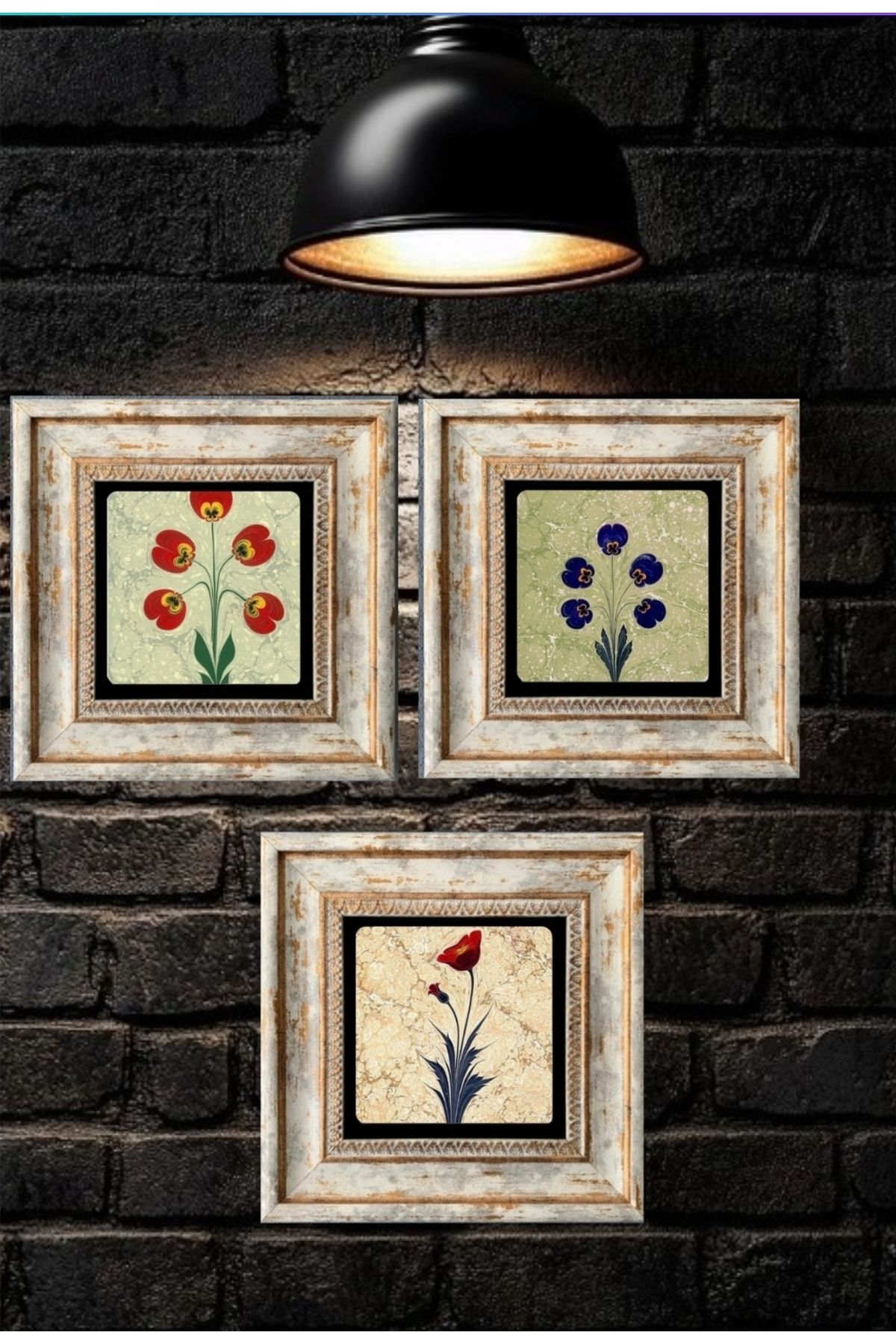 STONEVİVEART Ebruli Gelincikler Duvar Tablosu 20x20Cm Doğal Taş Duvar Dekoru 3 Adet