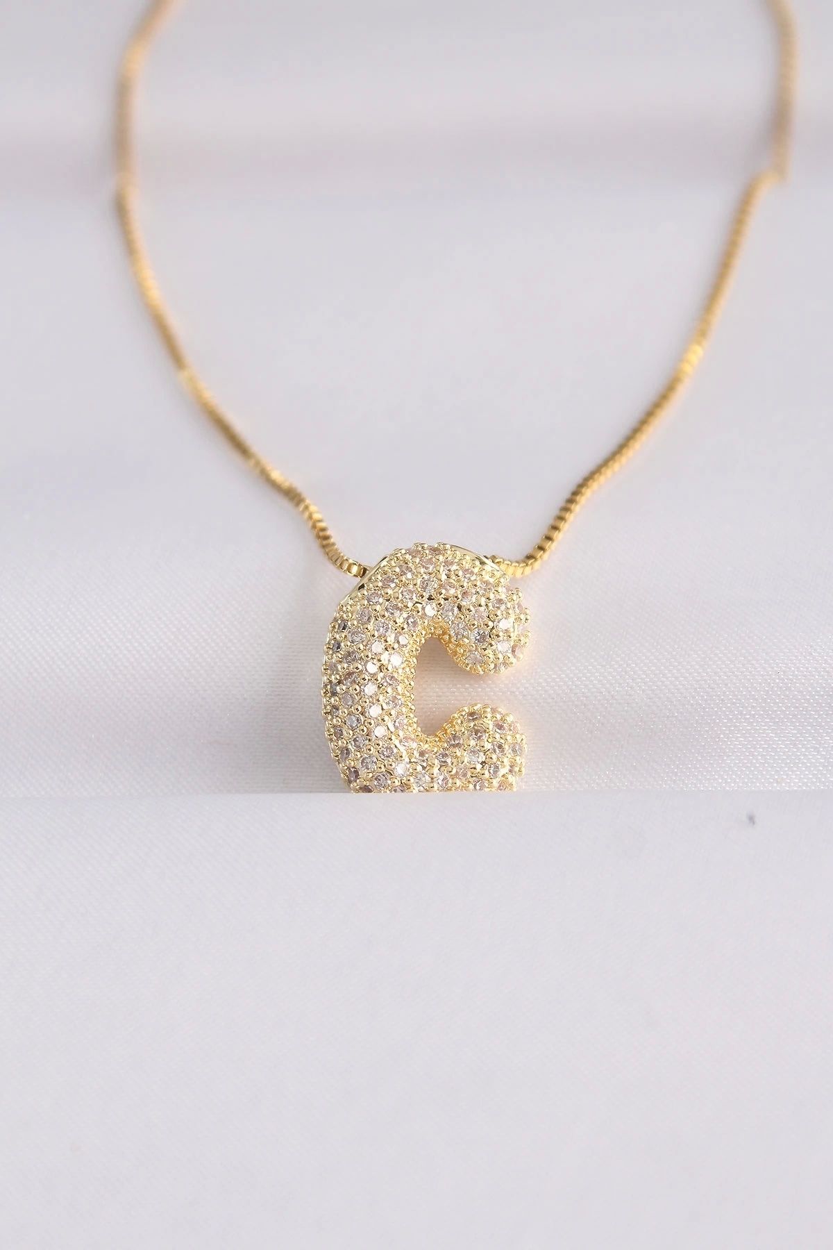 Clariss 316L Çelik Zincirli Zirkon Taşlı C Harfli Gold Renk Bubble Kolye