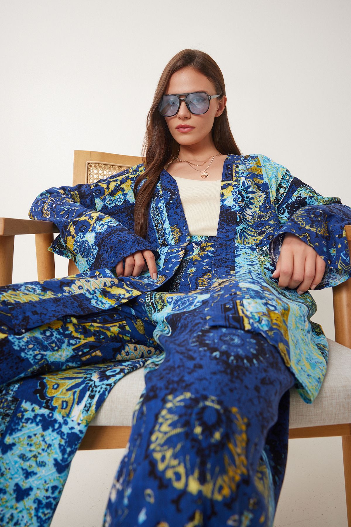 Happiness İstanbul Damskie Granatowo-żółte Wzorzyste Spodnie Kimono Z Wiskozy Kobieta - 38
