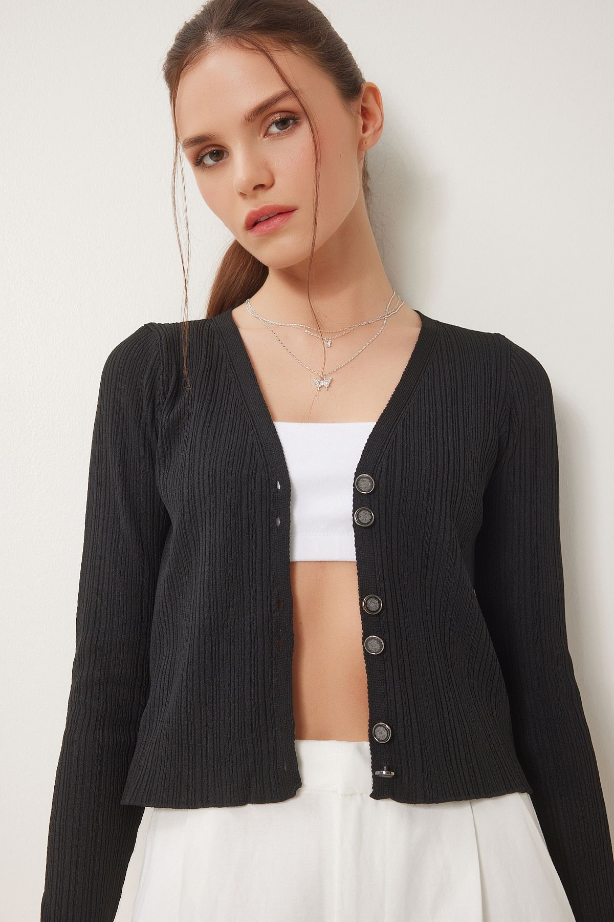 Happiness İstanbul Schwarze, Stilvolle, Geknöpfte Sommer-strickjacke für Damen - S/M